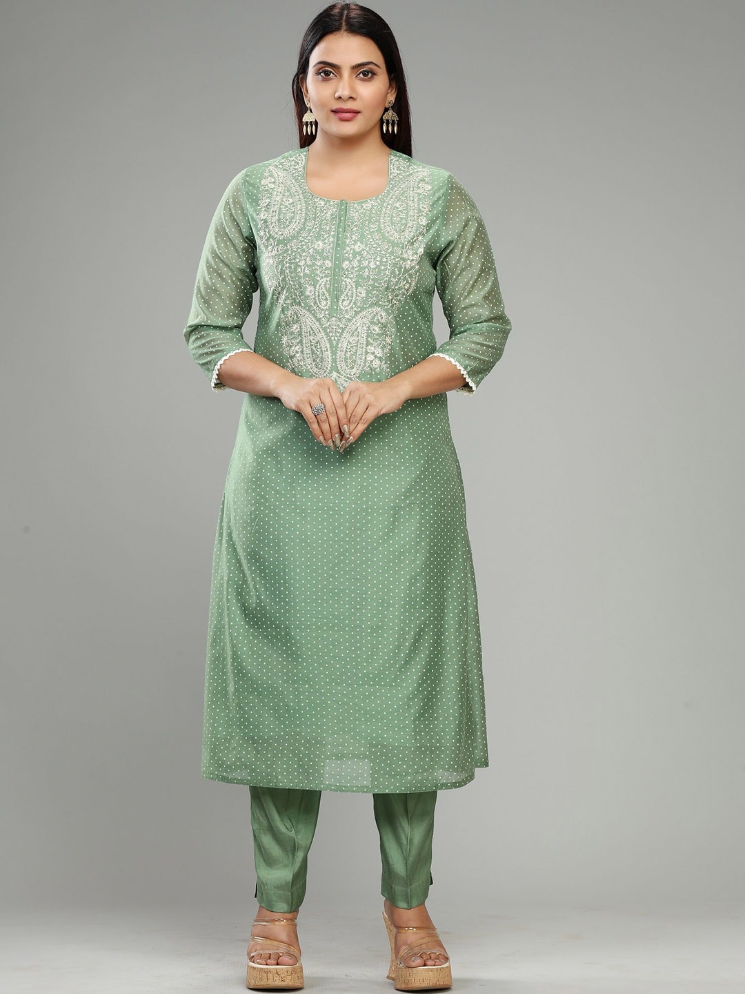 

COTTON CULTURE Floral Yoke Design Chanderi Cotton A-Line Kurta With Churidar, Green