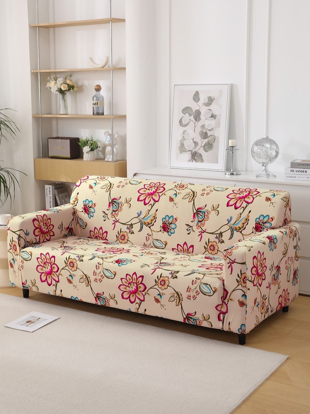 

HOKIPO Beige & Pink 4 Seater Sofa Cover With Arms