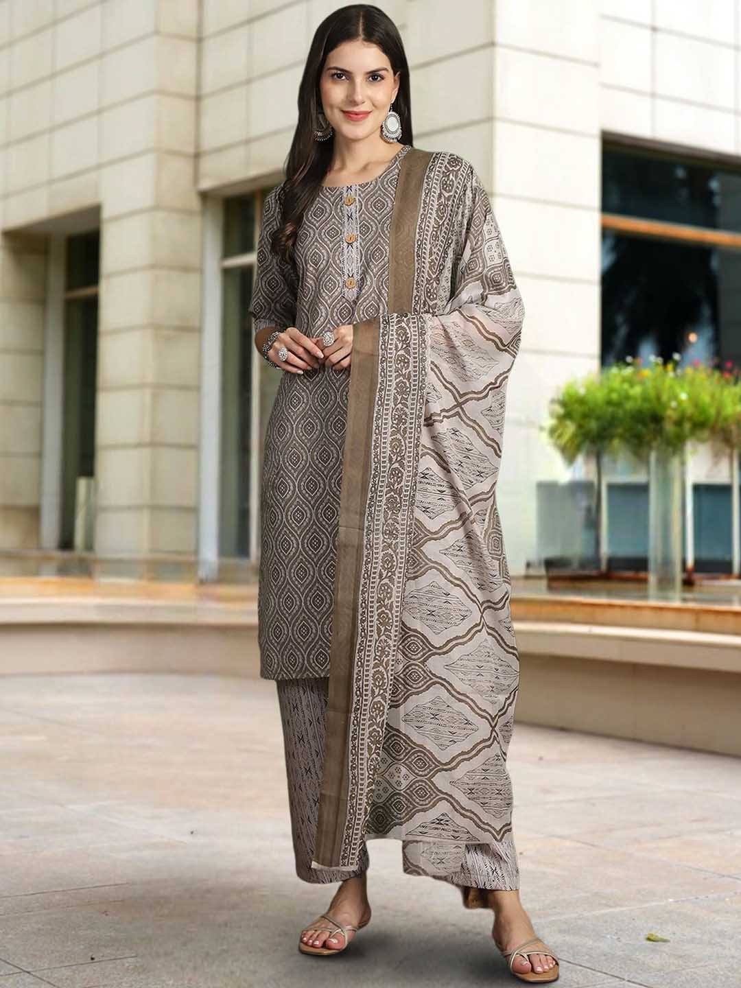 

1 Stop Fashion Ethnic Motifs Printed Pure Cotton Straight Kurta with Trousers & Dupatta, Grey melange