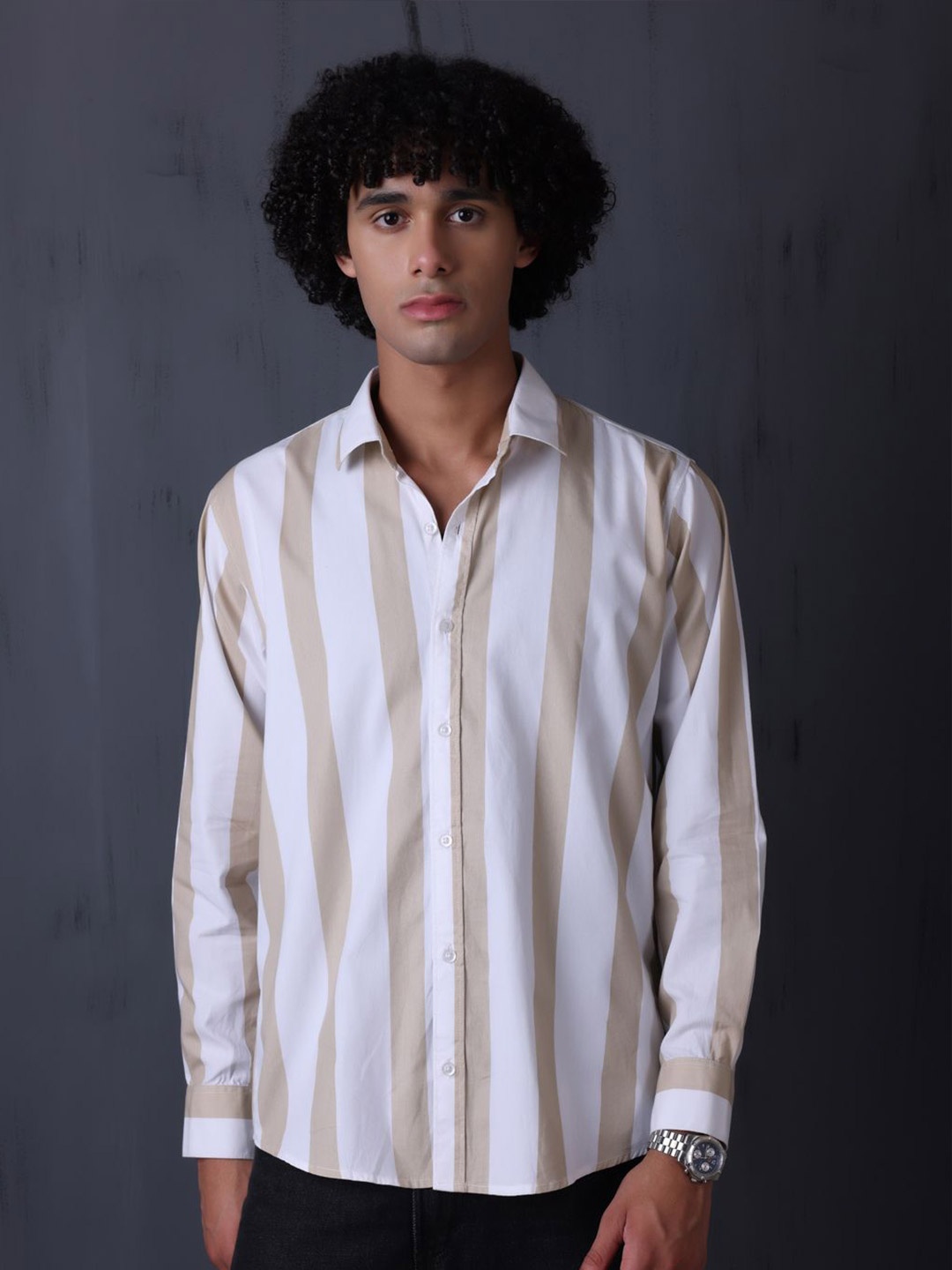 

FILO HEVIS Men Classic Spread Collar Vertical Striped Cotton Casual Shirt, White