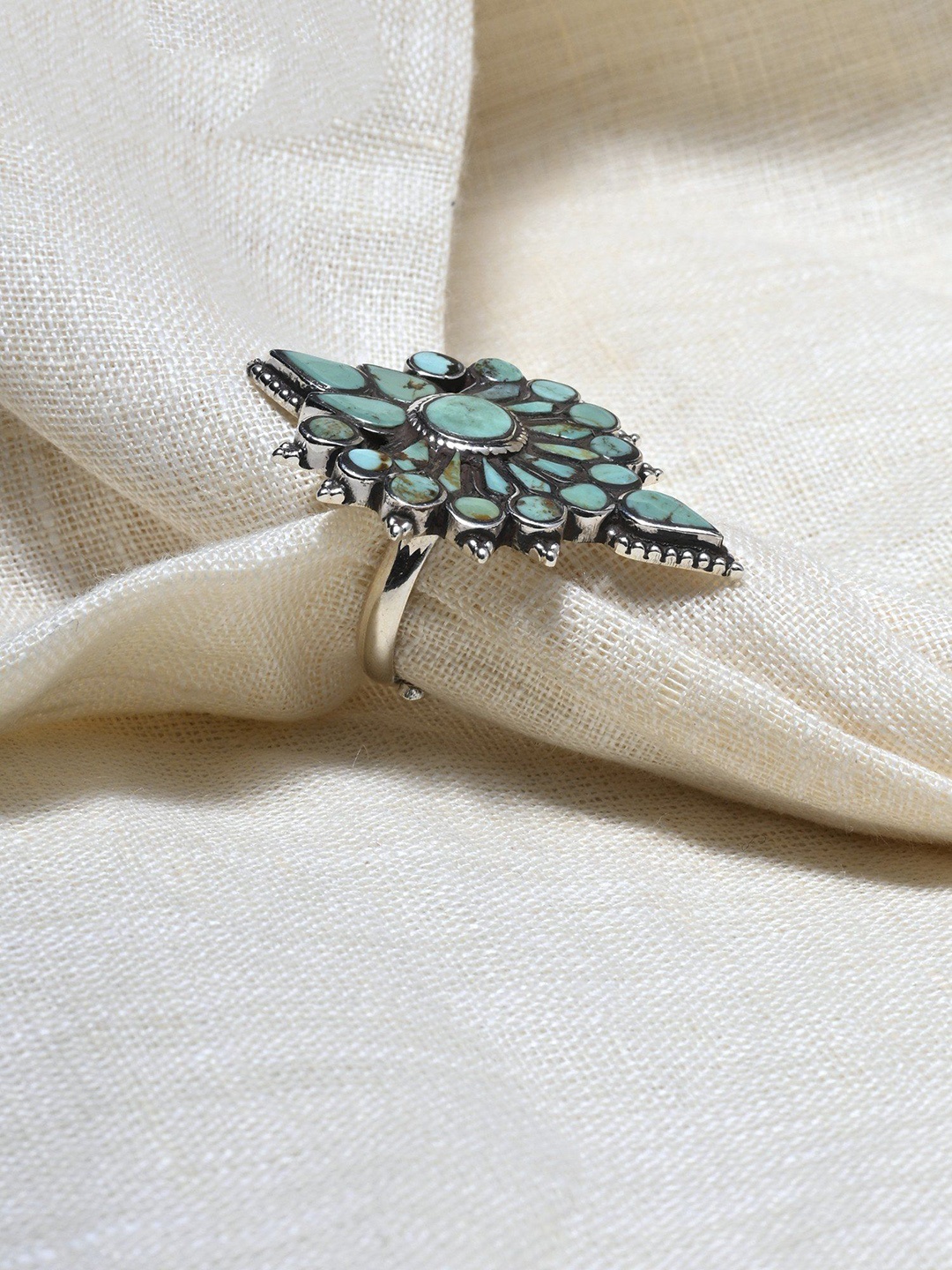 

Exotic India Turquoise Gemstone Sterling Silver Adjustable Floral Ring