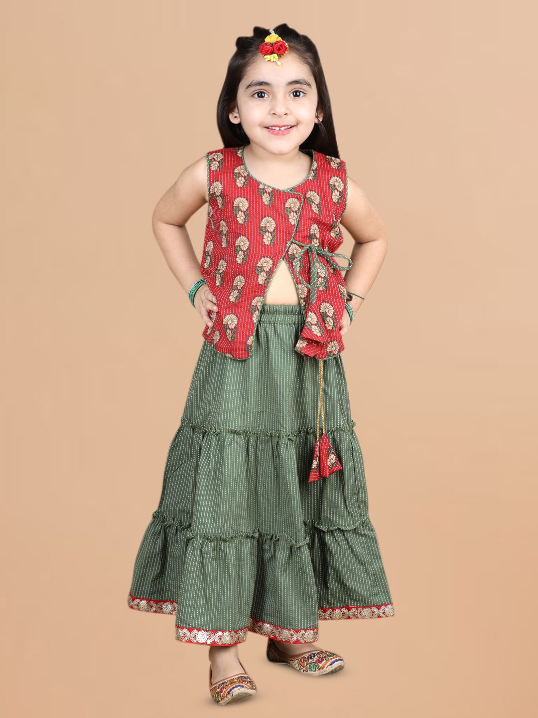 

Sangria Girls Printed Tiered Cotton Ready to Wear Lehenga Choli, Green