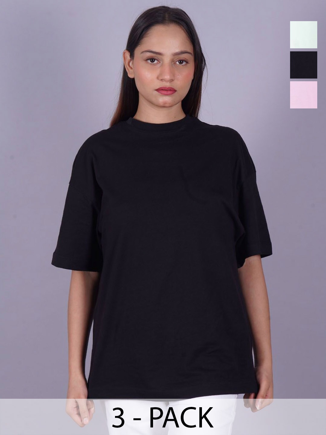 

VYVE Women Pack Of 3 Round Neck Solid T-shirt, Black