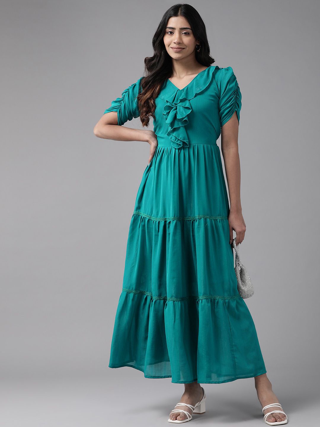 

BAESD Puff Sleeve Georgette Blouson Dress, Turquoise blue