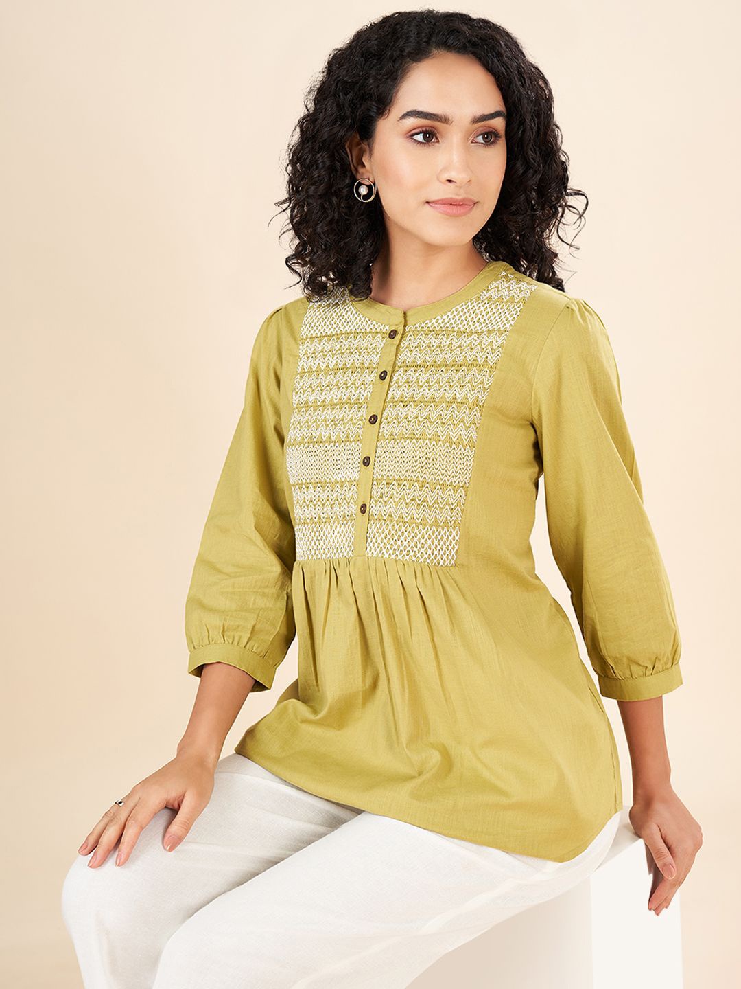 

AKKRITI BY PANTALOONS Mandarin Collar Embroidered Tunic, Olive