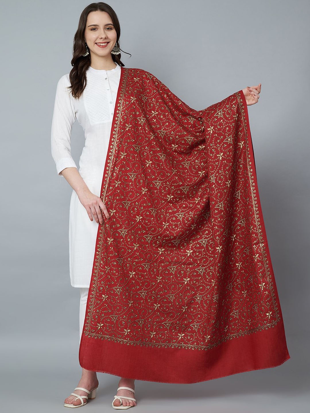 

MUFFLY Women Floral Embroidered Pure Woollen Shawl, Maroon