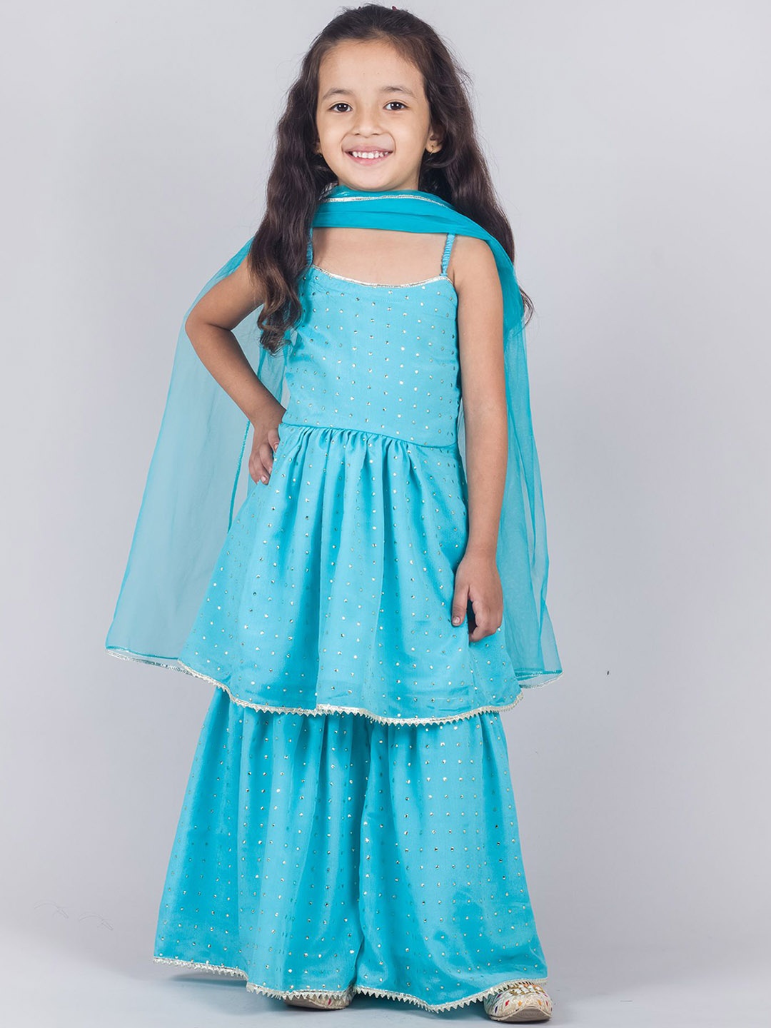 

Tangerine Closet Girls Embroidered Tiered Sequinned Anarkali Kurti & Sharara With Dupatta, Turquoise blue