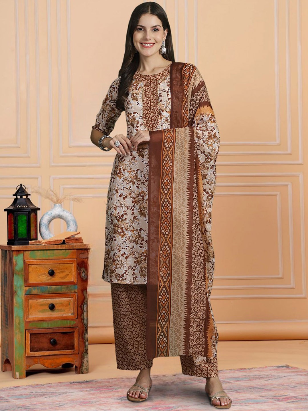 

7Threads Floral Printed Pure Cotton Straight Kurta with Trousers & Dupatta, Beige