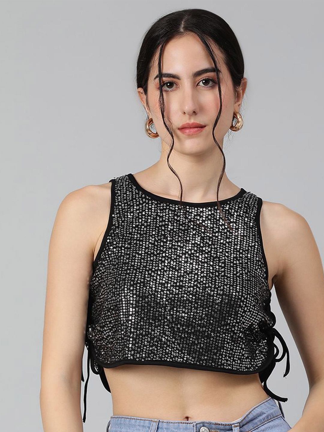 

Kotty Embellished Print Crop Top, Black
