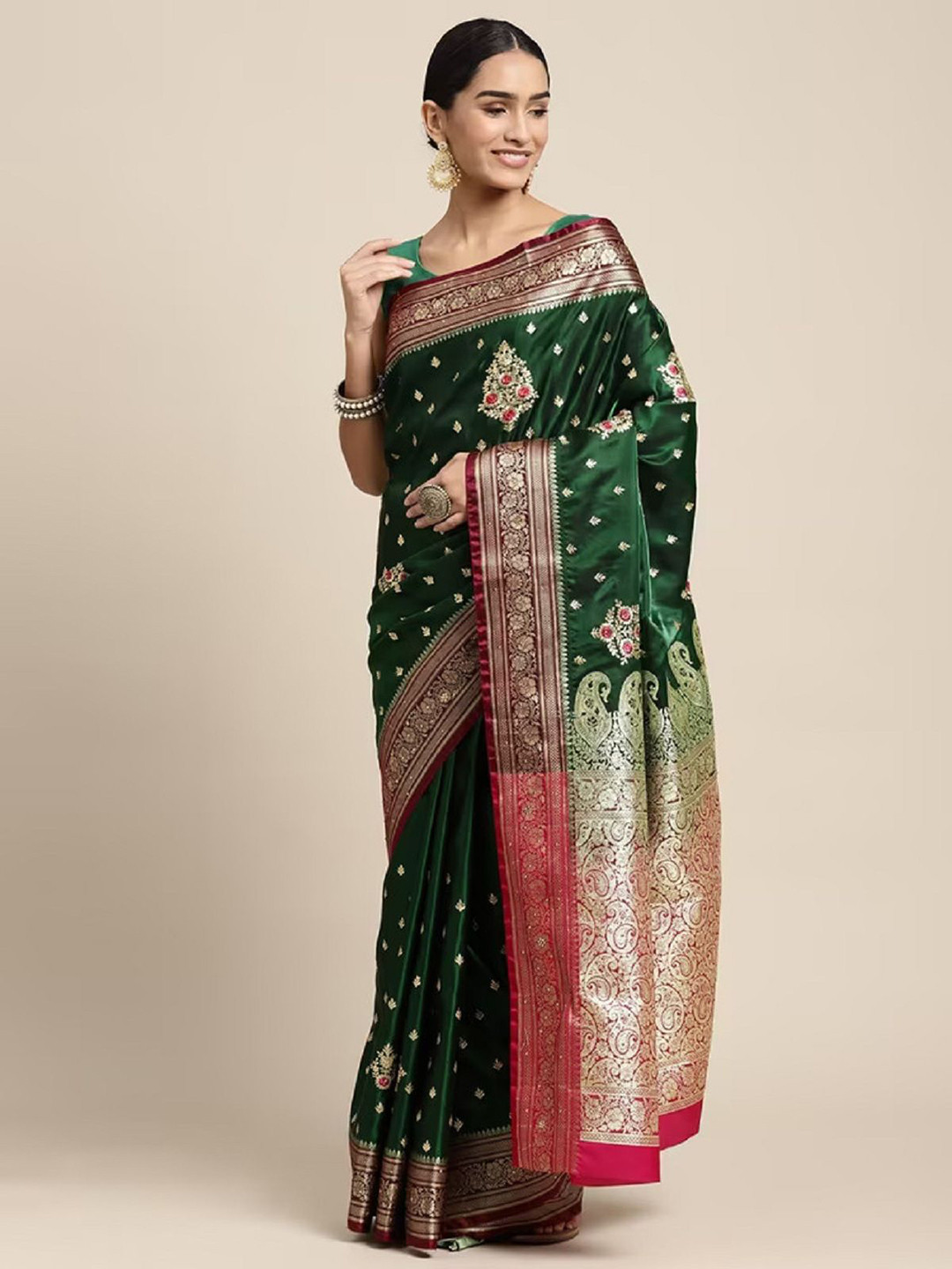 

LADY SHOPI Embellished Zari Pure Silk Saree, Green