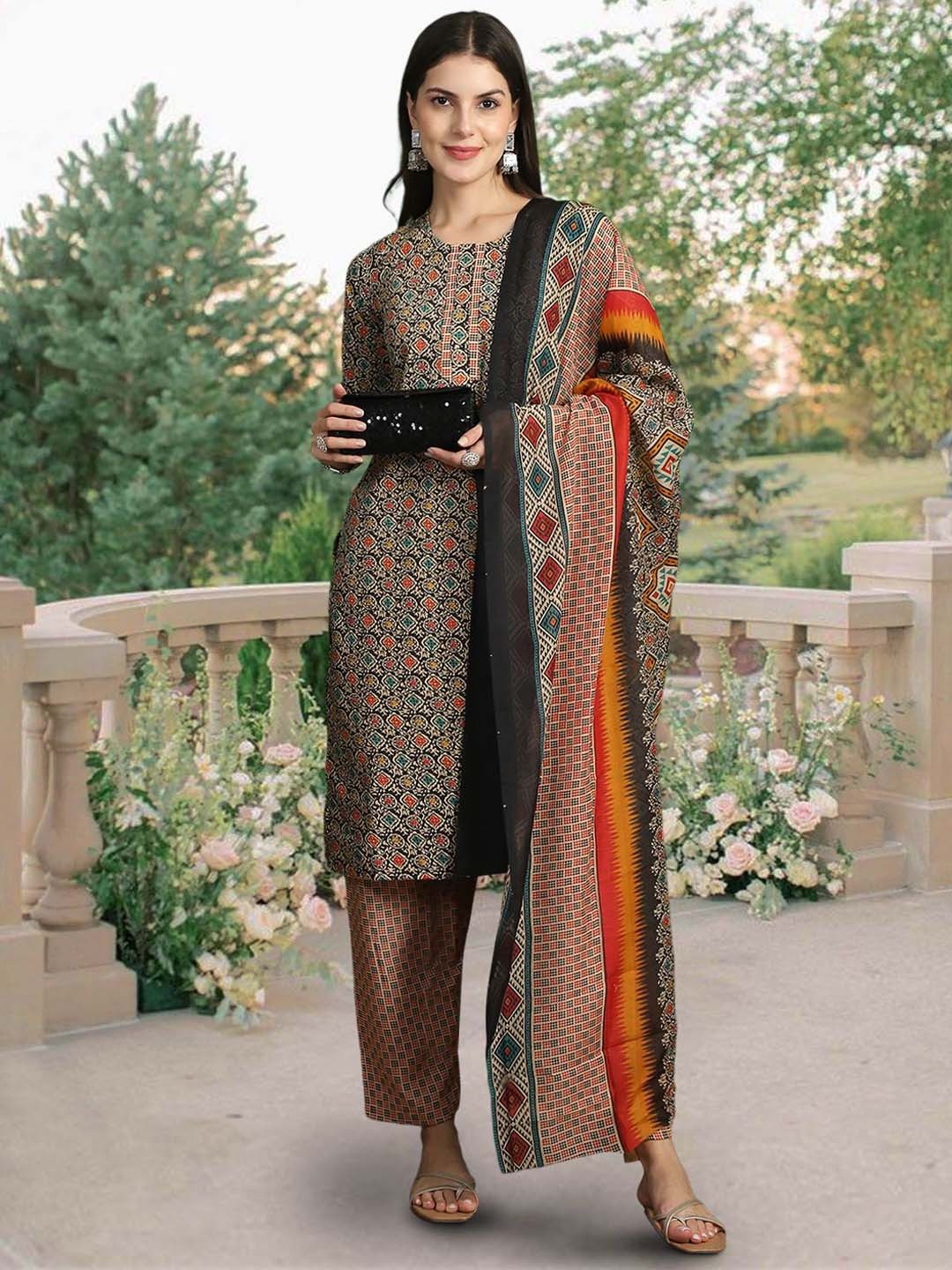 

7Threads Floral Printed Pure Cotton Kurta with Trousers & Dupatta, Beige