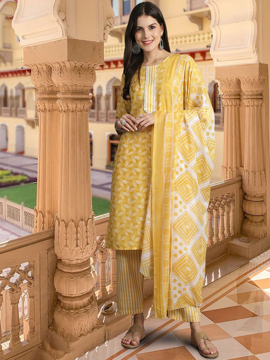 

7Threads Floral Printed Pure Cotton Straight Kurta With Trousers & Dupatta, Yellow