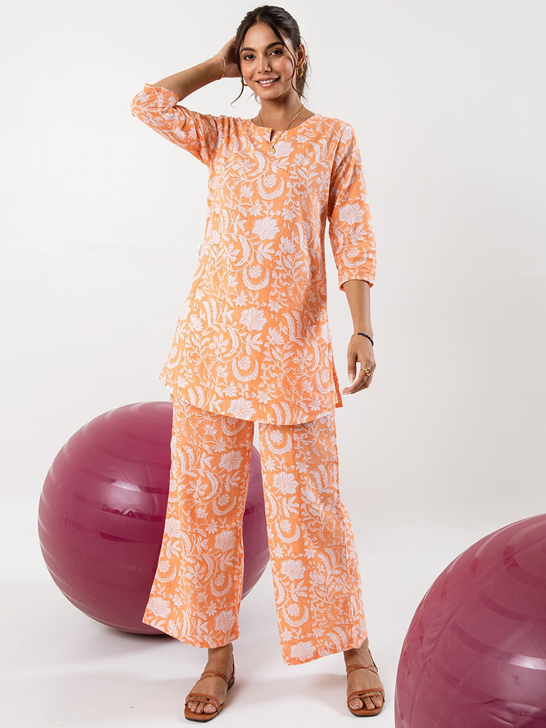 

HUKUM Floral Printed Pure Cotton Tunic With Palazzos, Orange