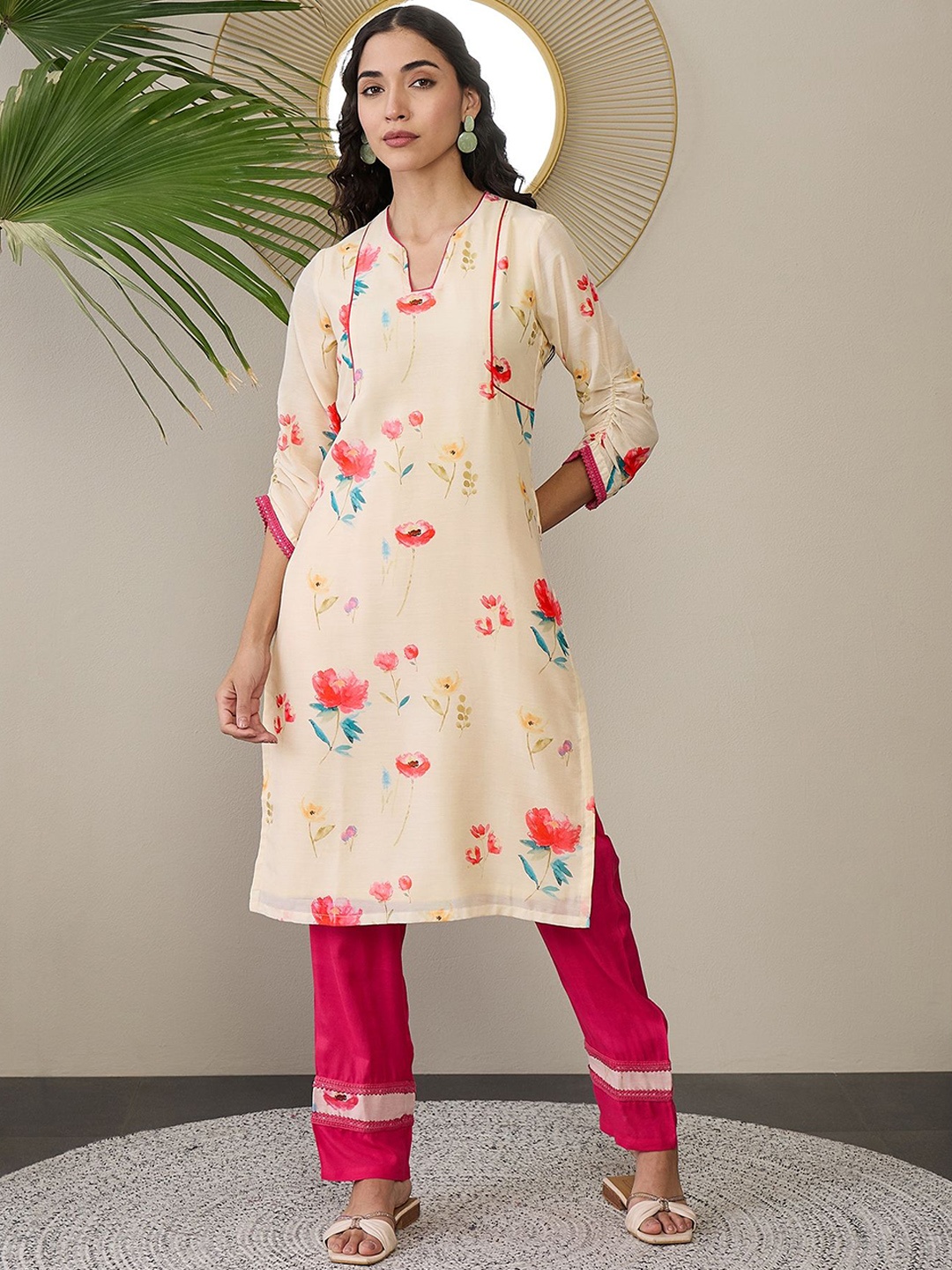 

ADORNIA Floral Printed Notch Neck Regular Straight Kurta With Trousers, Beige