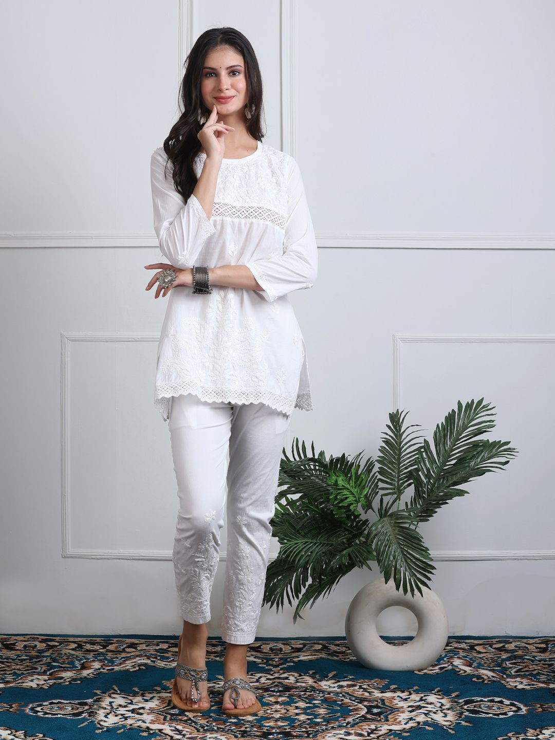 

KHAKA Chikankari Embroidered Cotton Short Top, White