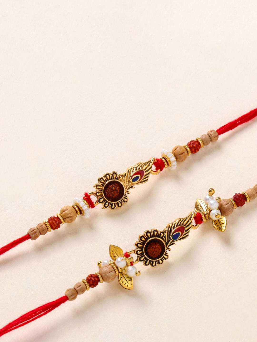 

Floweraura Stone Studded & Beaded Bhaiya Bhabhi Thread Rakhis With Roli Chawal, Red