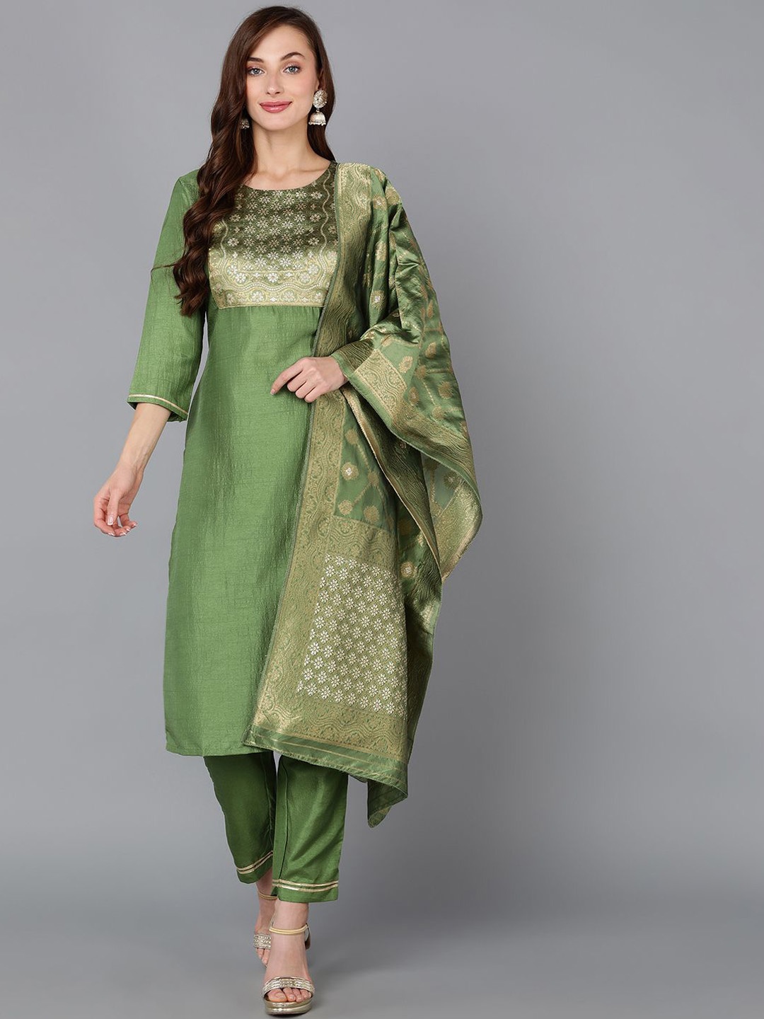 

Anouk Green Floral Yoke Design Straight Kurta with Trousers & Dupatta