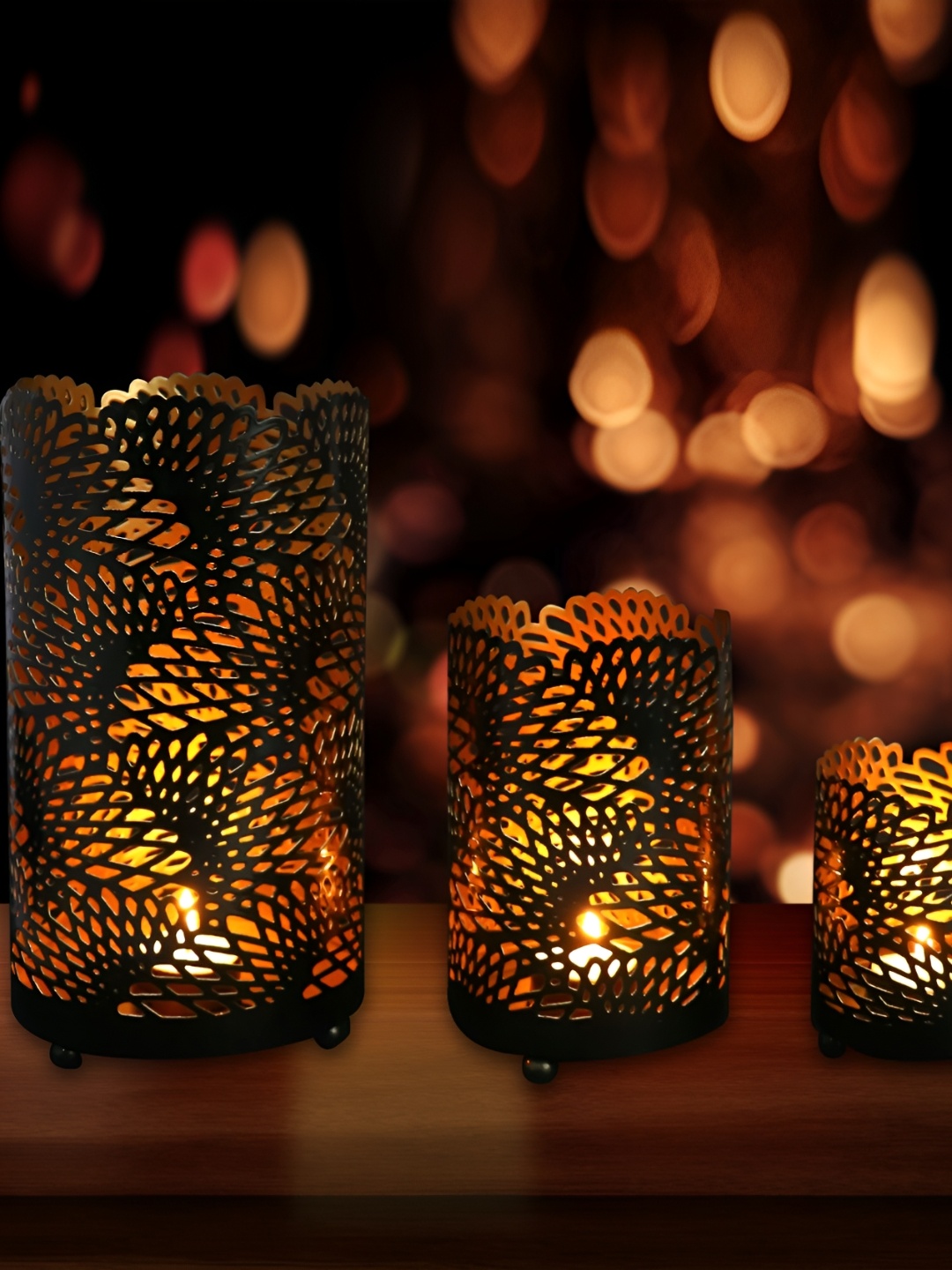 

PockMAN Copper Toned & Black 3 Pieces Abstract Cutout Metal Candle Holders