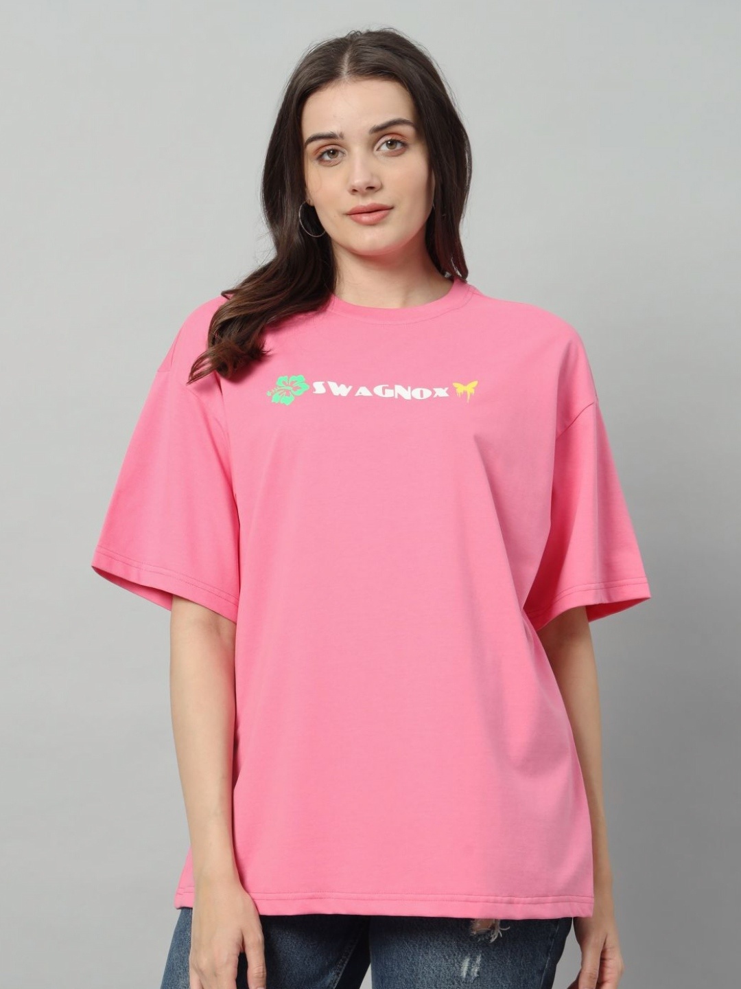 

SWAGNOX Women Floral Printed Applique T-shirt, Pink