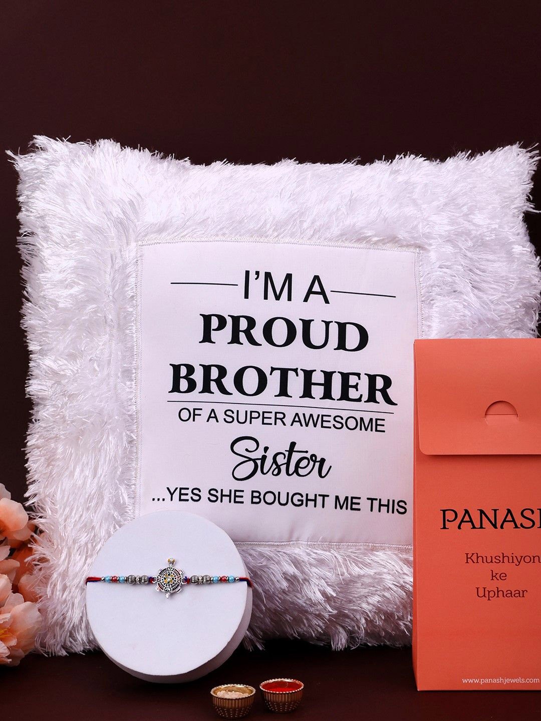 

PANASH Set Of 2 Beaded Rakhi With Proud Brother Pillow And Roli Chawal, Silver