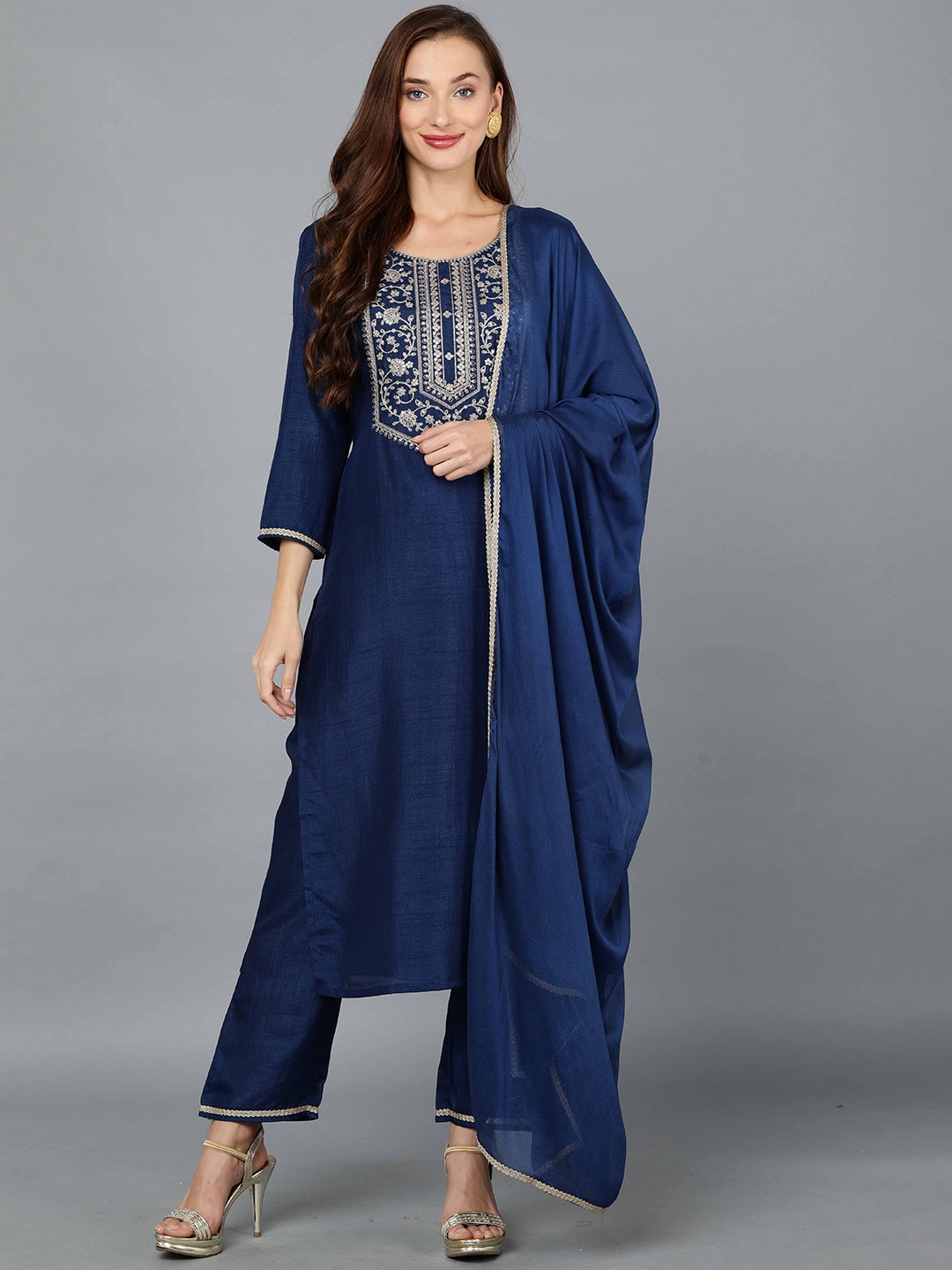 

Anouk Floral Yoke Design Thread Work Straight Kurta With Trousers & Dupatta, Navy blue