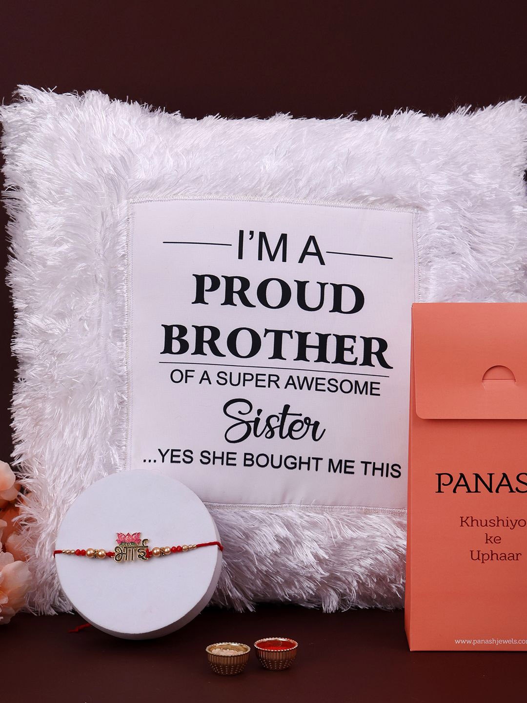 

PANASH Rakhis With Cushion & Roli Chawal Gift Set, Beige