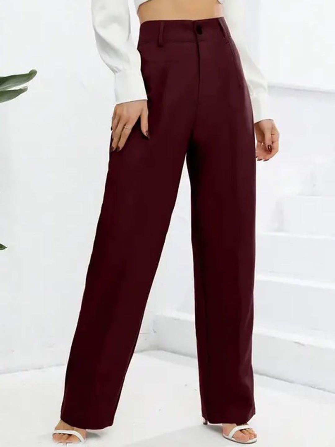 

BAESD Women Relaxed Straight Leg High-Rise Easy Wash Trousers, Maroon