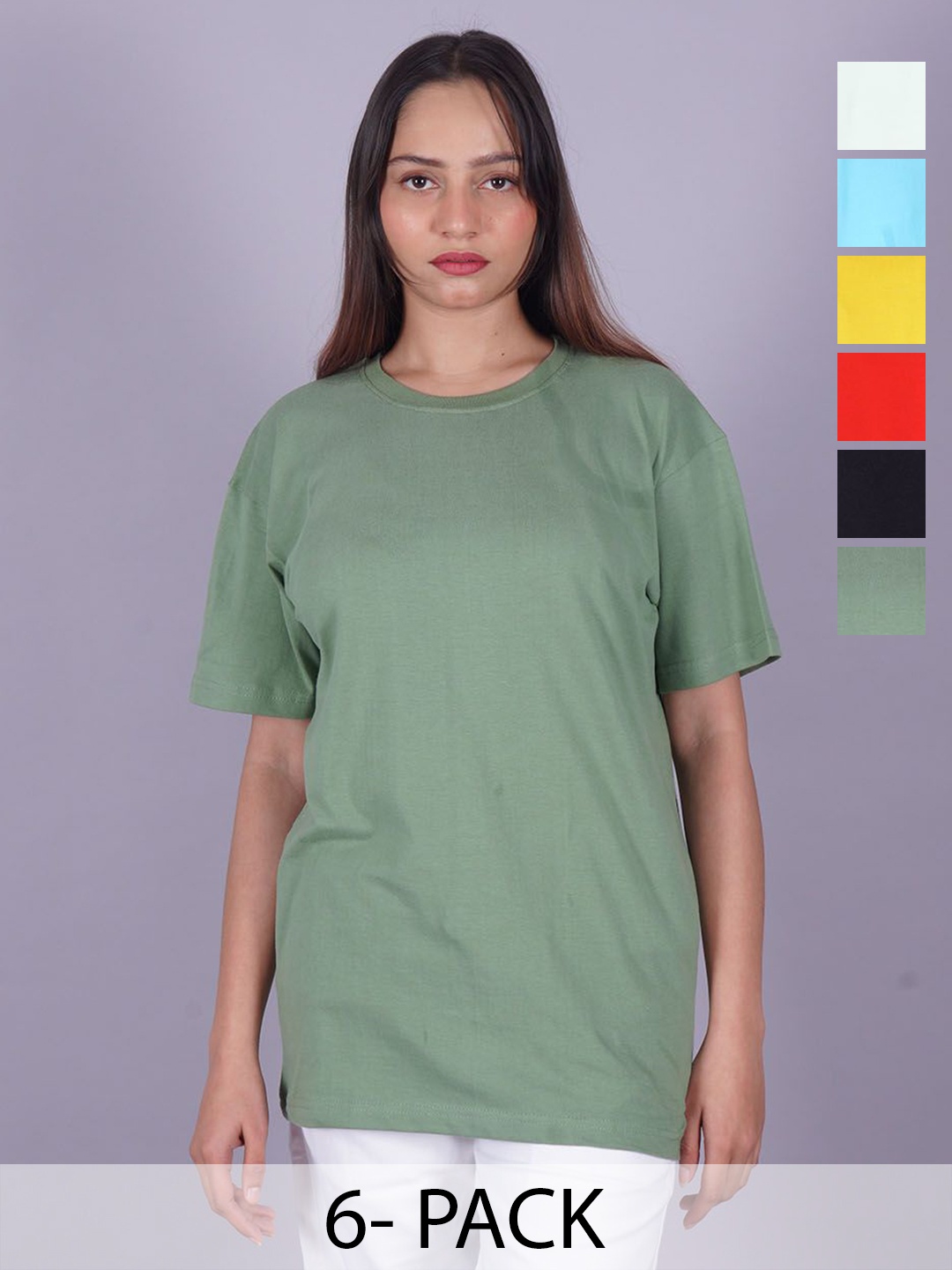 

VYVE Women Pack Of 6 Round Neck Solid T-shirts, Green