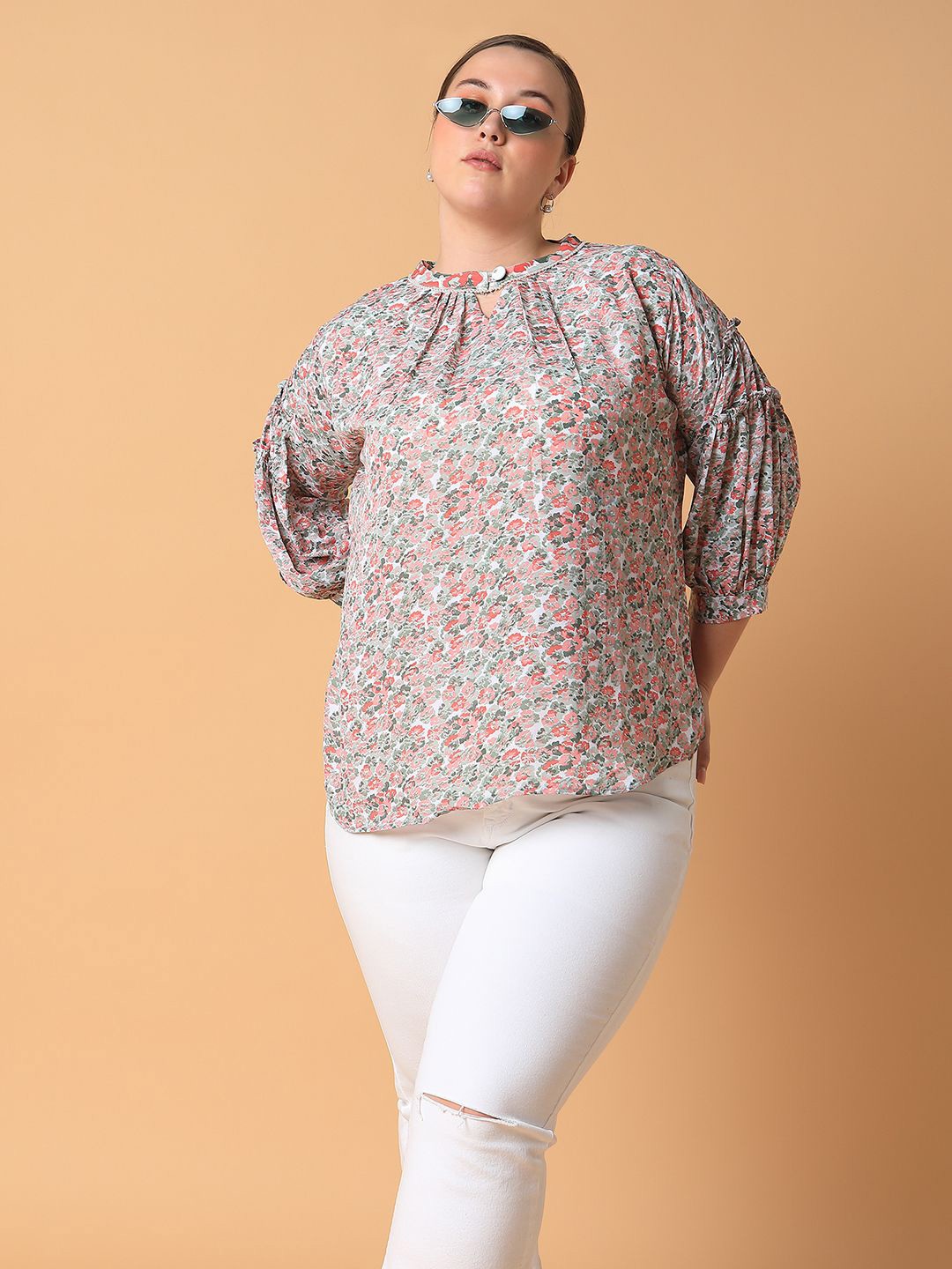 

SHOWOFF Floral Print Crepe Top, Sea green