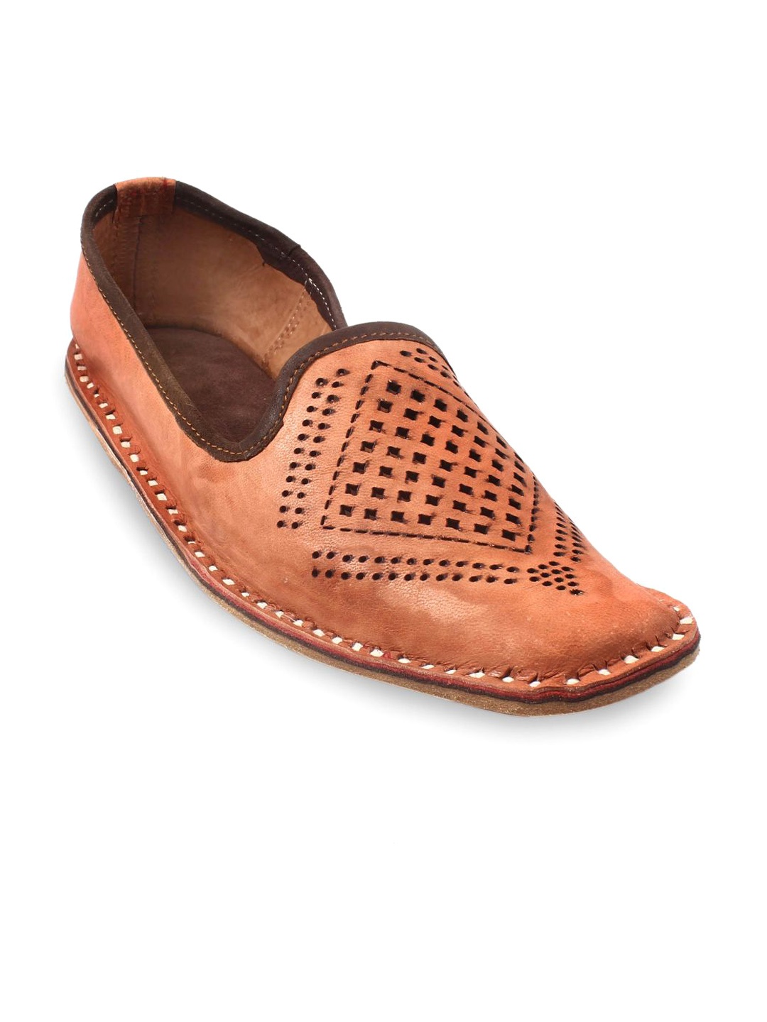 

Apratim Men Leather Ethnic with Laser Cuts Flats, Tan