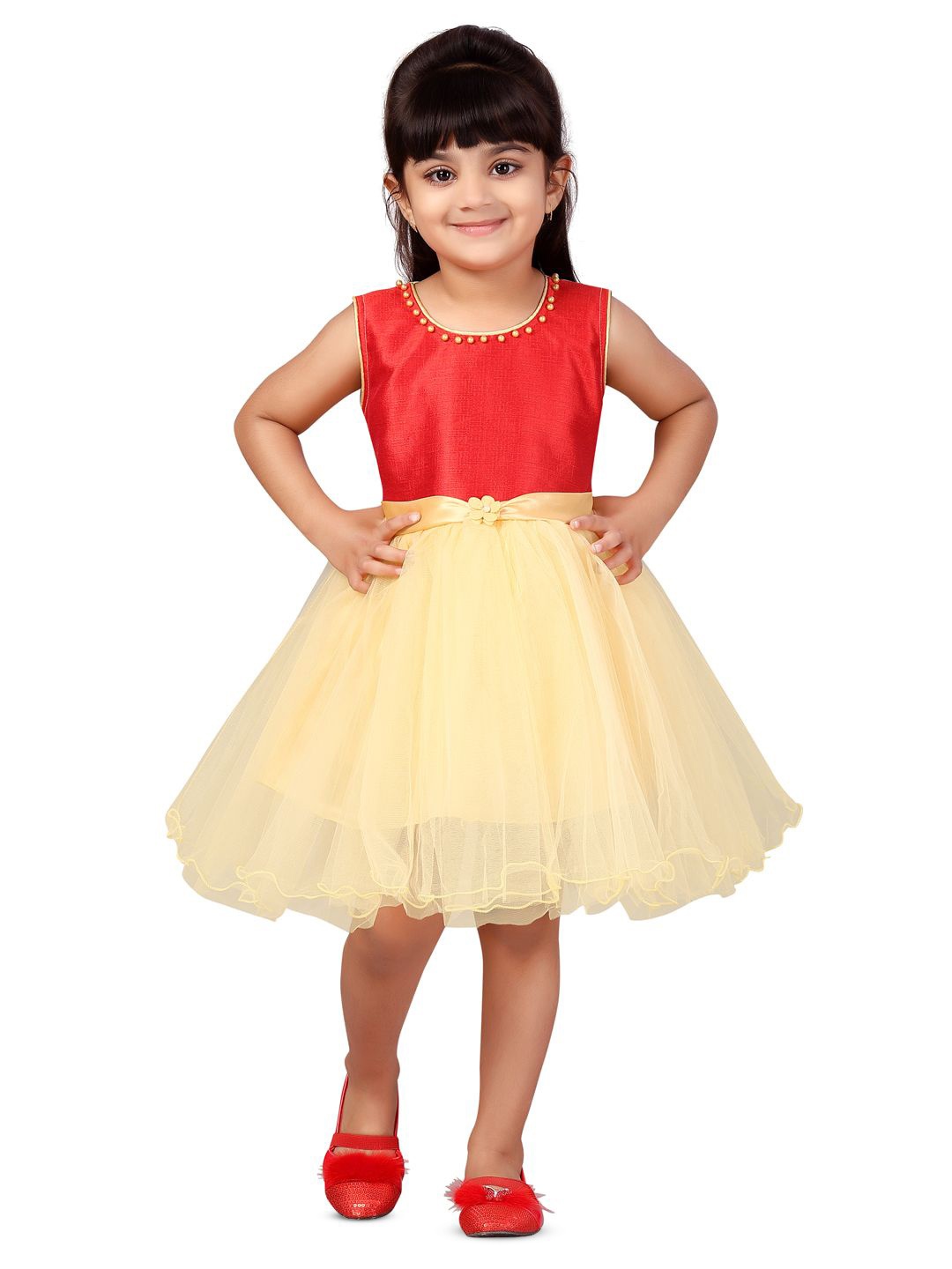 

BAESD Girls Round Neck Sleeveless Net Fit & Flare Dress, Red