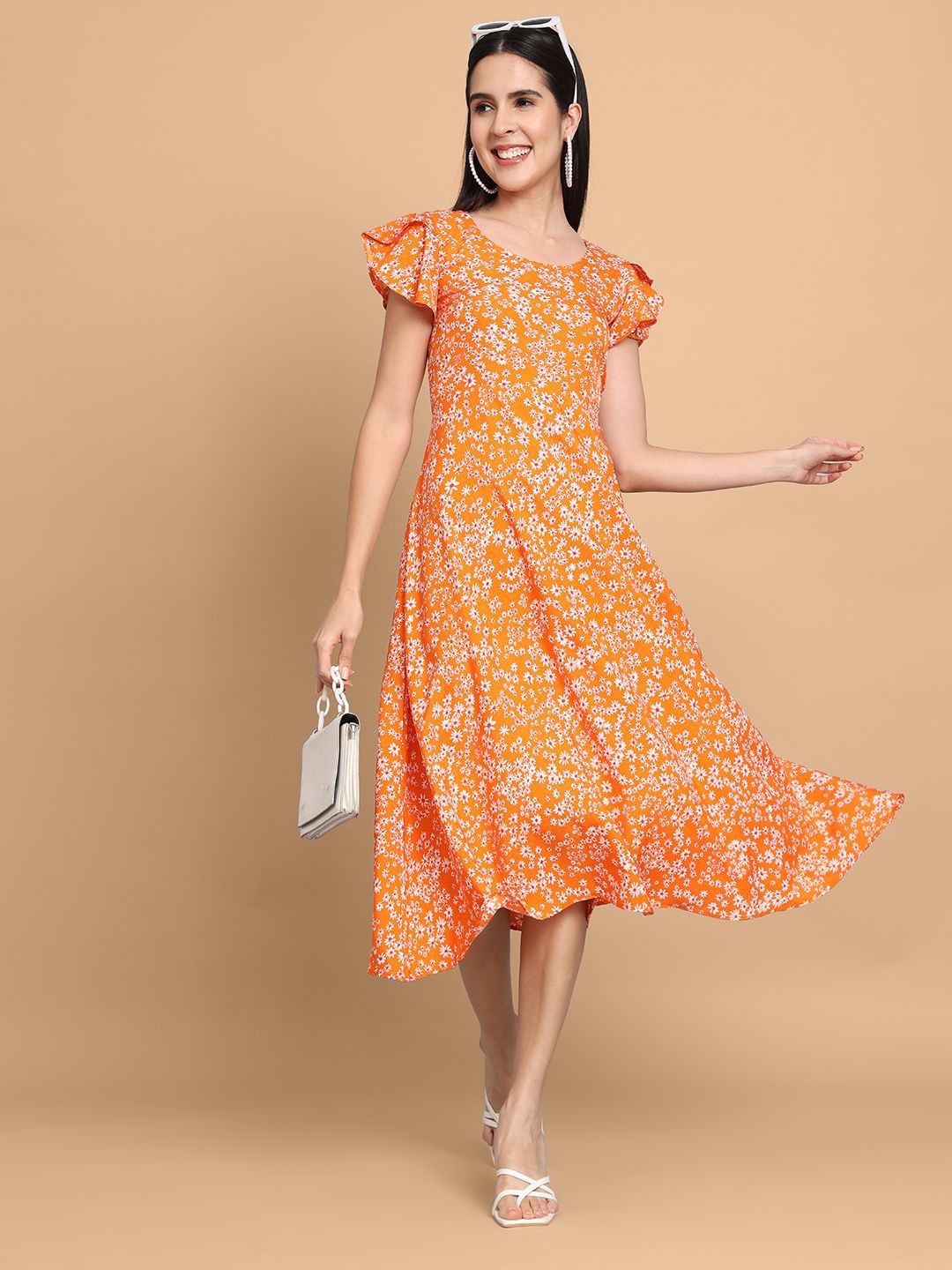 

Dream Beauty Fashion Floral Printed Flutter Sleeve A-Line Midi Dress, Orange