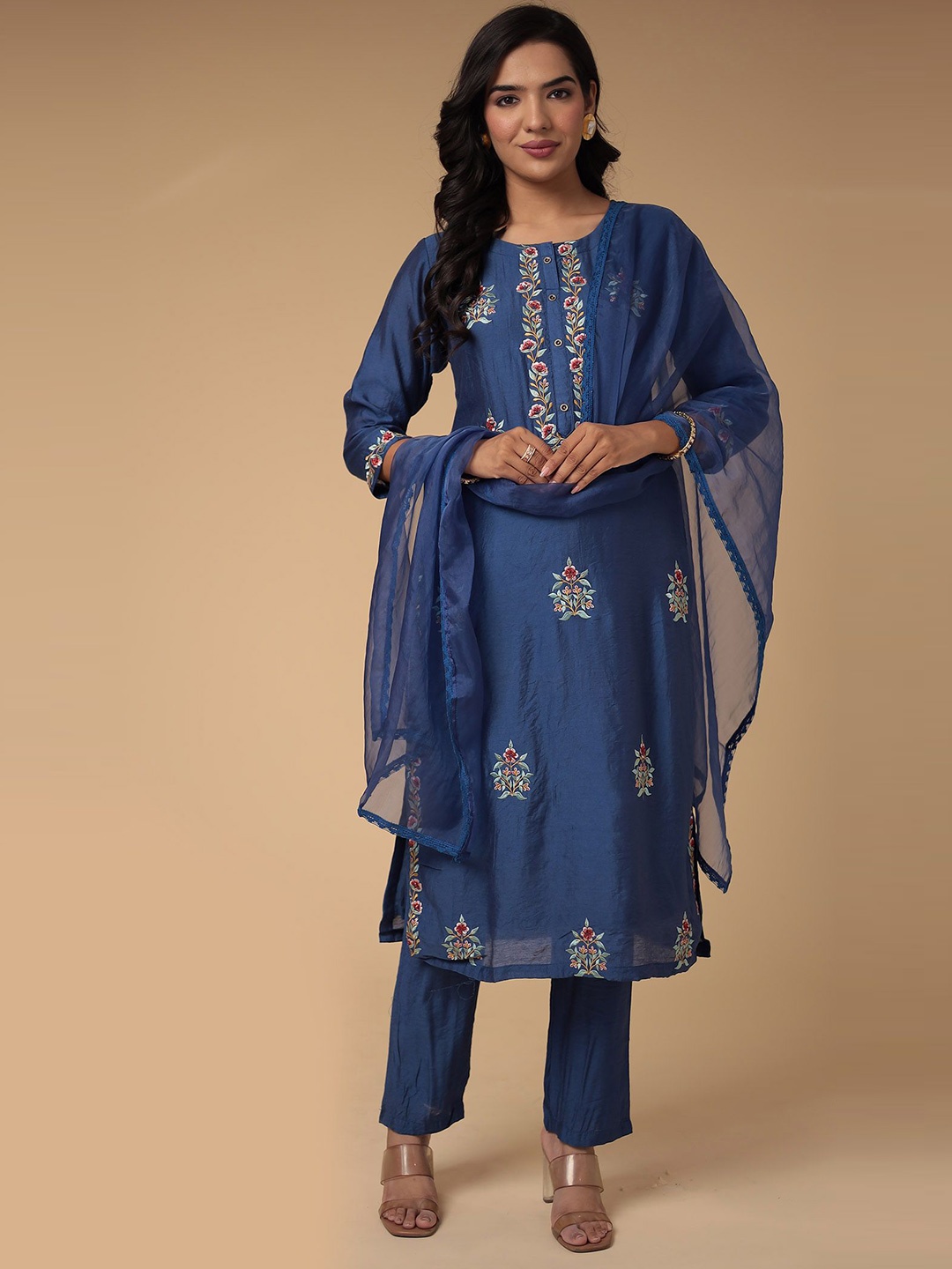 

ZARI Floral Embroidered Straight Kurta With Trouser & Dupatta, Blue