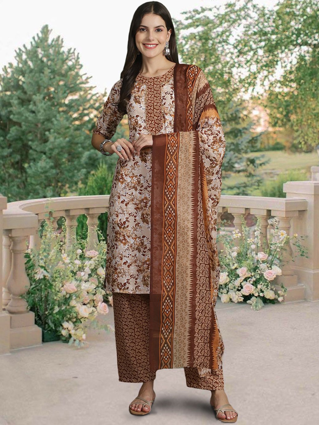 

7Threads Floral Printed Pure Cotton Straight Kurta with Trousers & Dupatta, Beige