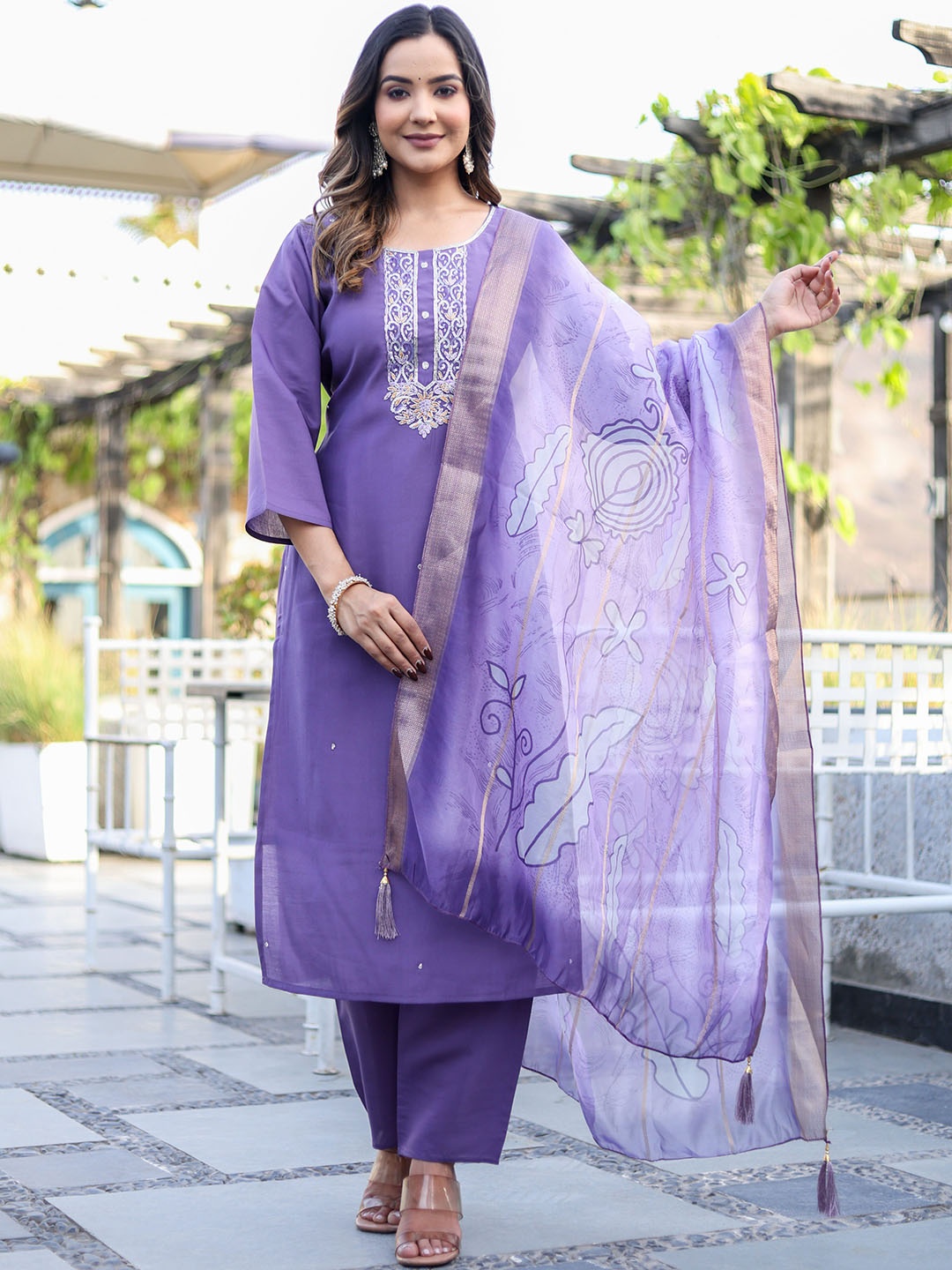 

Girly Girls Floral Embroidered Sequinned Raw Silk Kurta With Palazzos & Dupatta, Purple