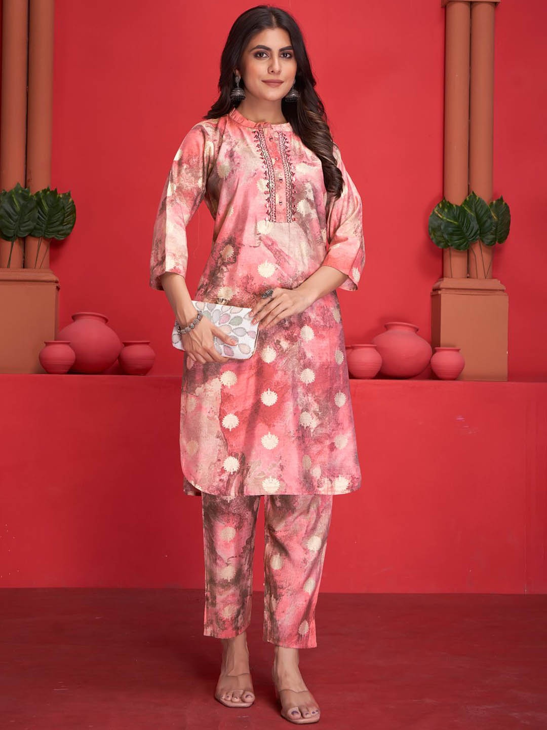 

MINGORA Printed Mirror Work Tunic with Trousers, Pink