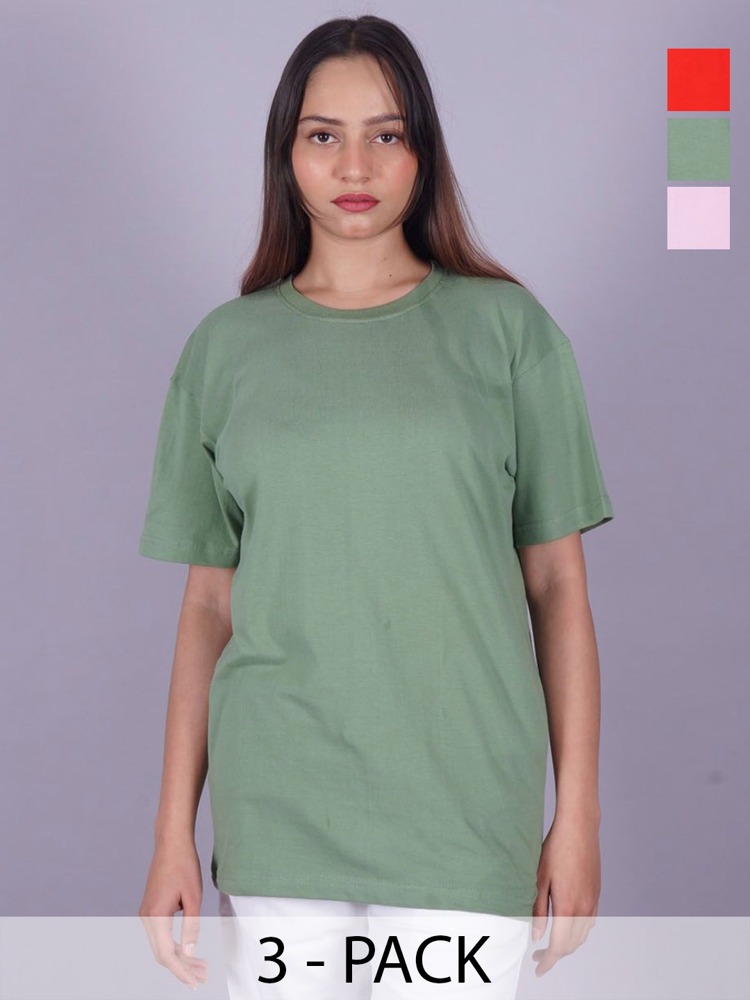 

VYVE Women Pack Of 3 Round Neck Solid T-shirt, Green