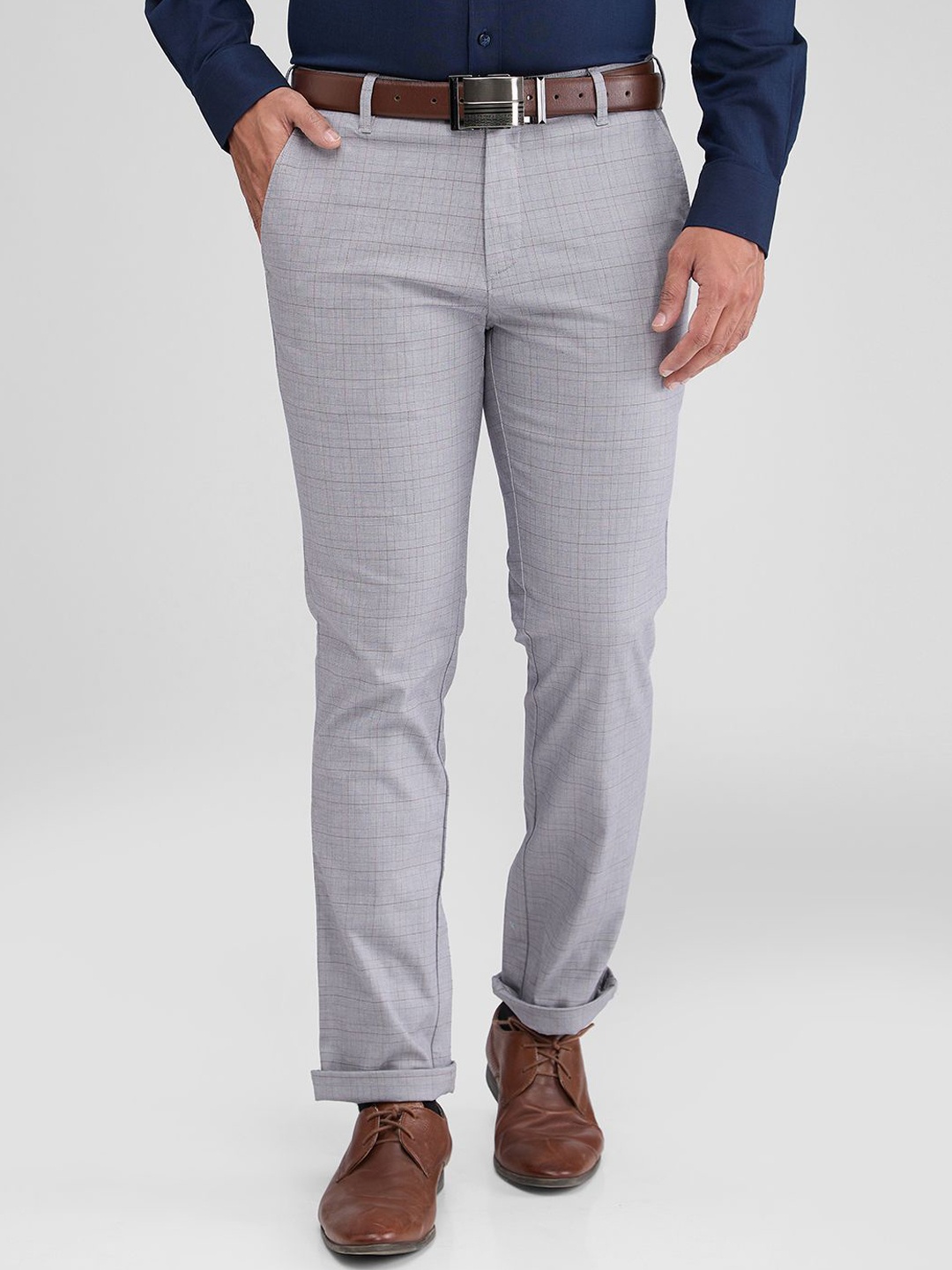 

ColorPlus Men Contemporary Fit Checkered Trousers, Grey