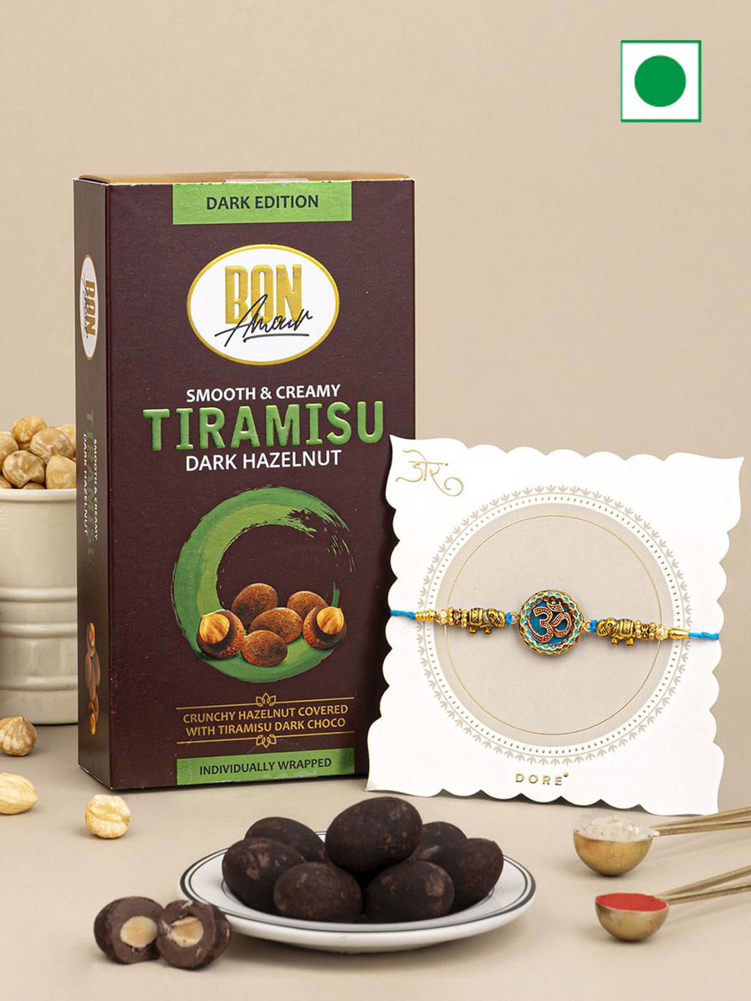 

Hyperfoods 3 Pieces Rakhi With Tiramisu Dark hazelnut chocolates 80 gm, Brown