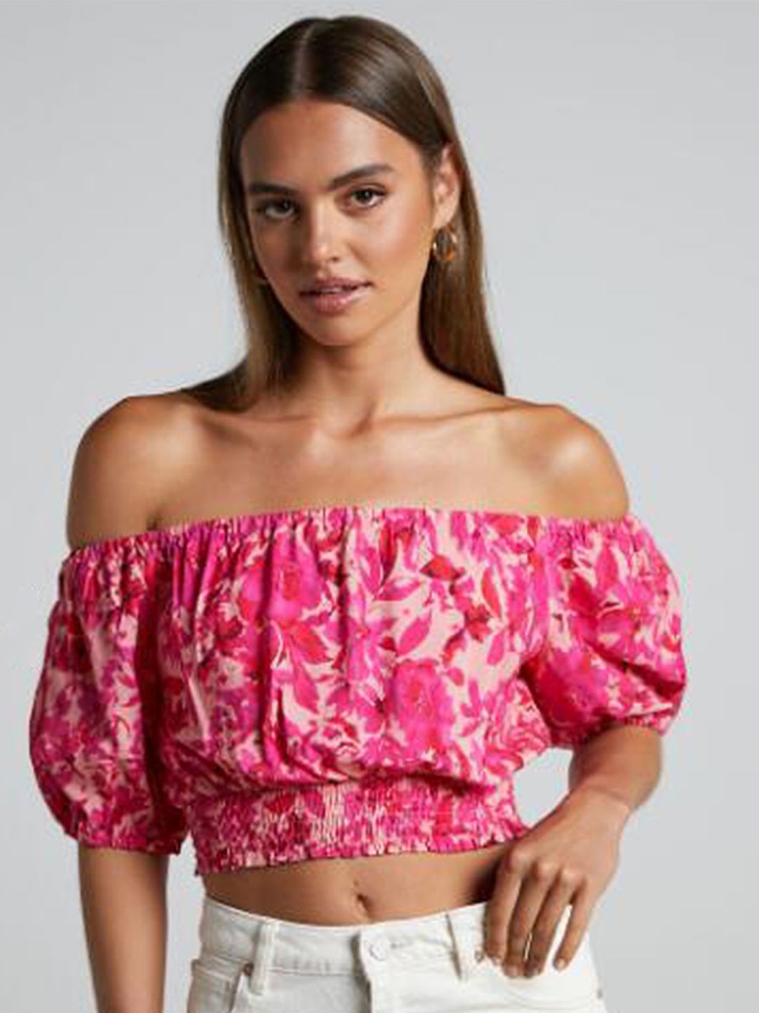 

LULU & SKY Abstract Printed Off-Shoulder Puff Sleeve Bardot Crop Top, Rose