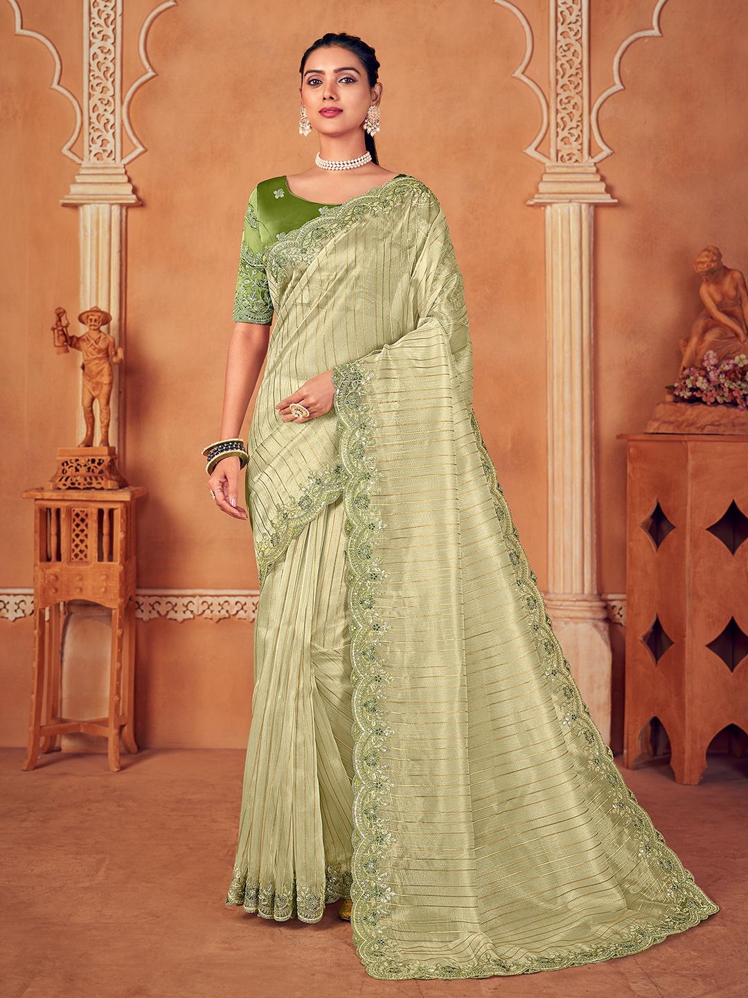 

VIRICA Striped Embroidered Organza Saree, Green