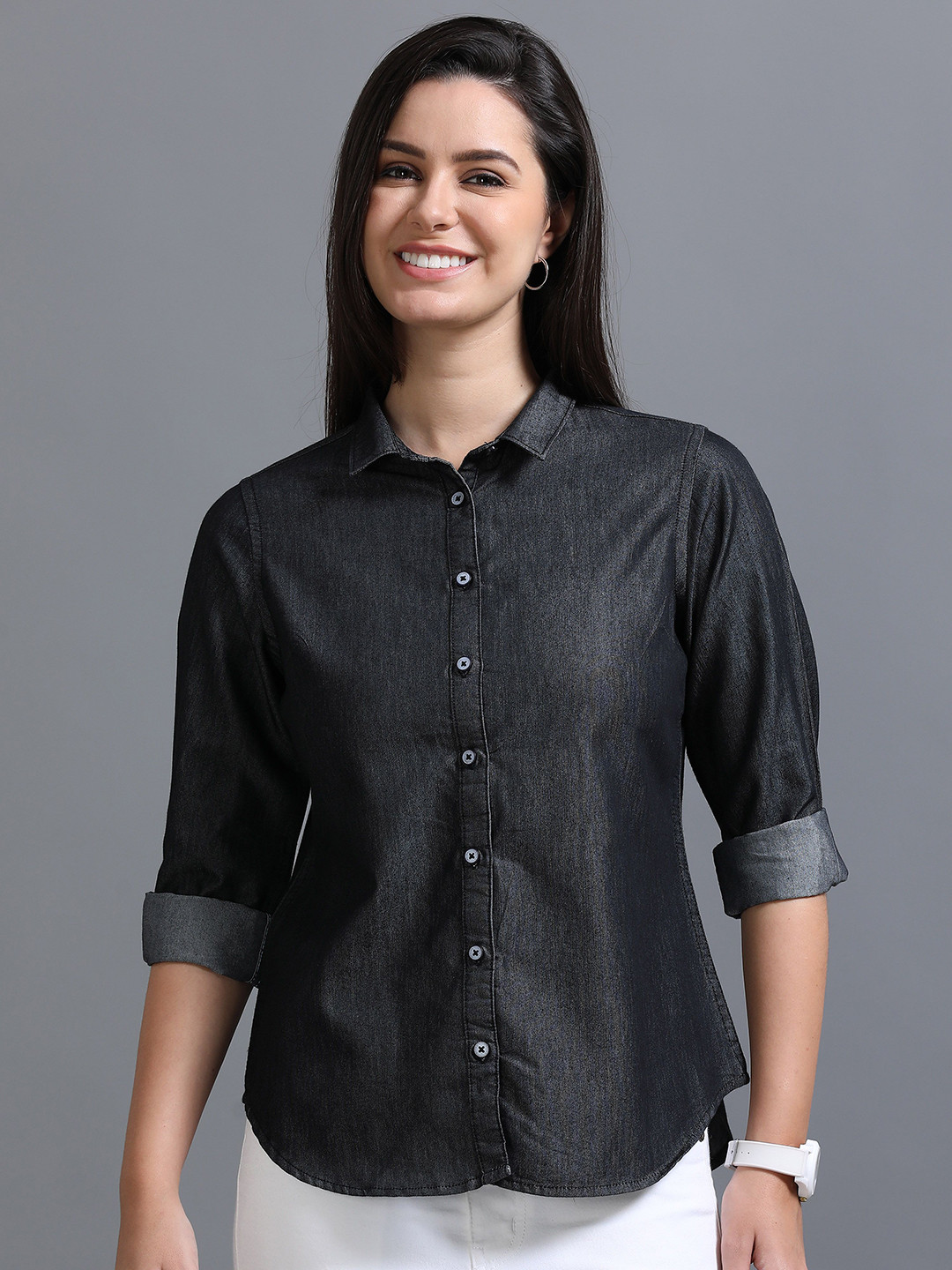 

CAZZBA Women Spread Collar Solid Denim Casual Shirt, Black