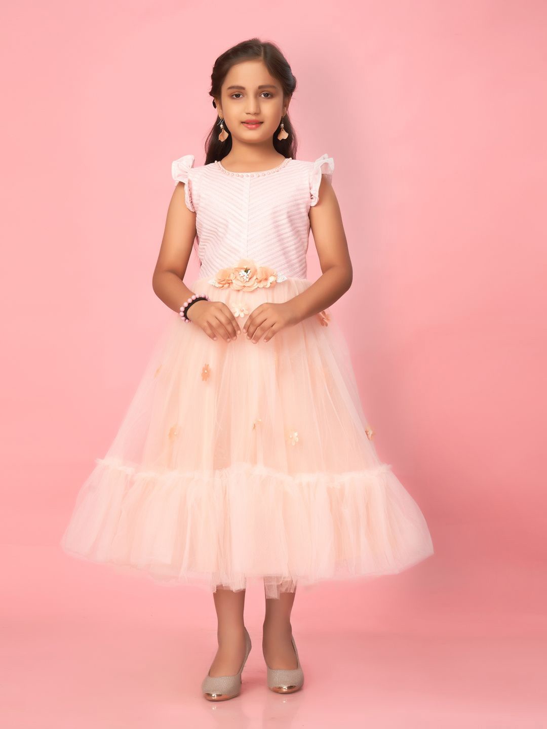 

BAESD Girls Self Design Net Fit & Flare Midi Dress, Peach