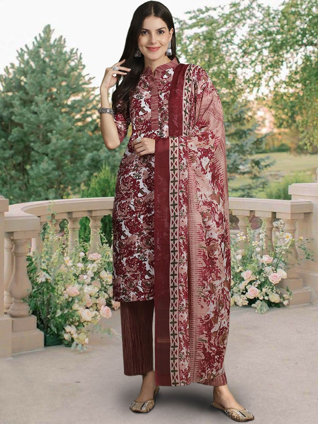 

7Threads Floral Printed Mandarin Collar Pure Cotton Straight Kurta With Trousers & Dupatta, Maroon