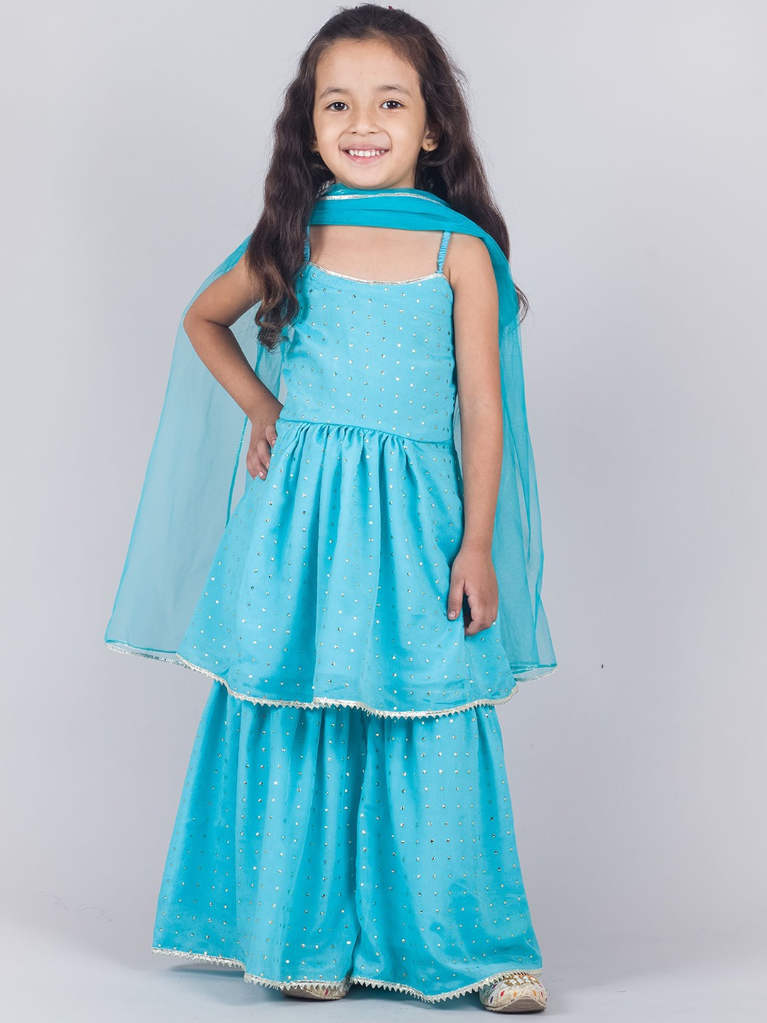 

Tangerine Closet Girls Embroidered Sequinned Anarkali Kurti & Sharara With Dupatta, Turquoise blue