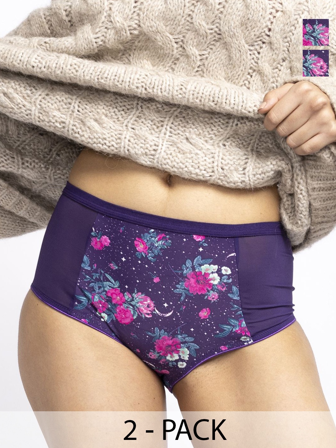 

Erotissch Pack of 3 Women Floral Printed Hipster Briefs, Purple