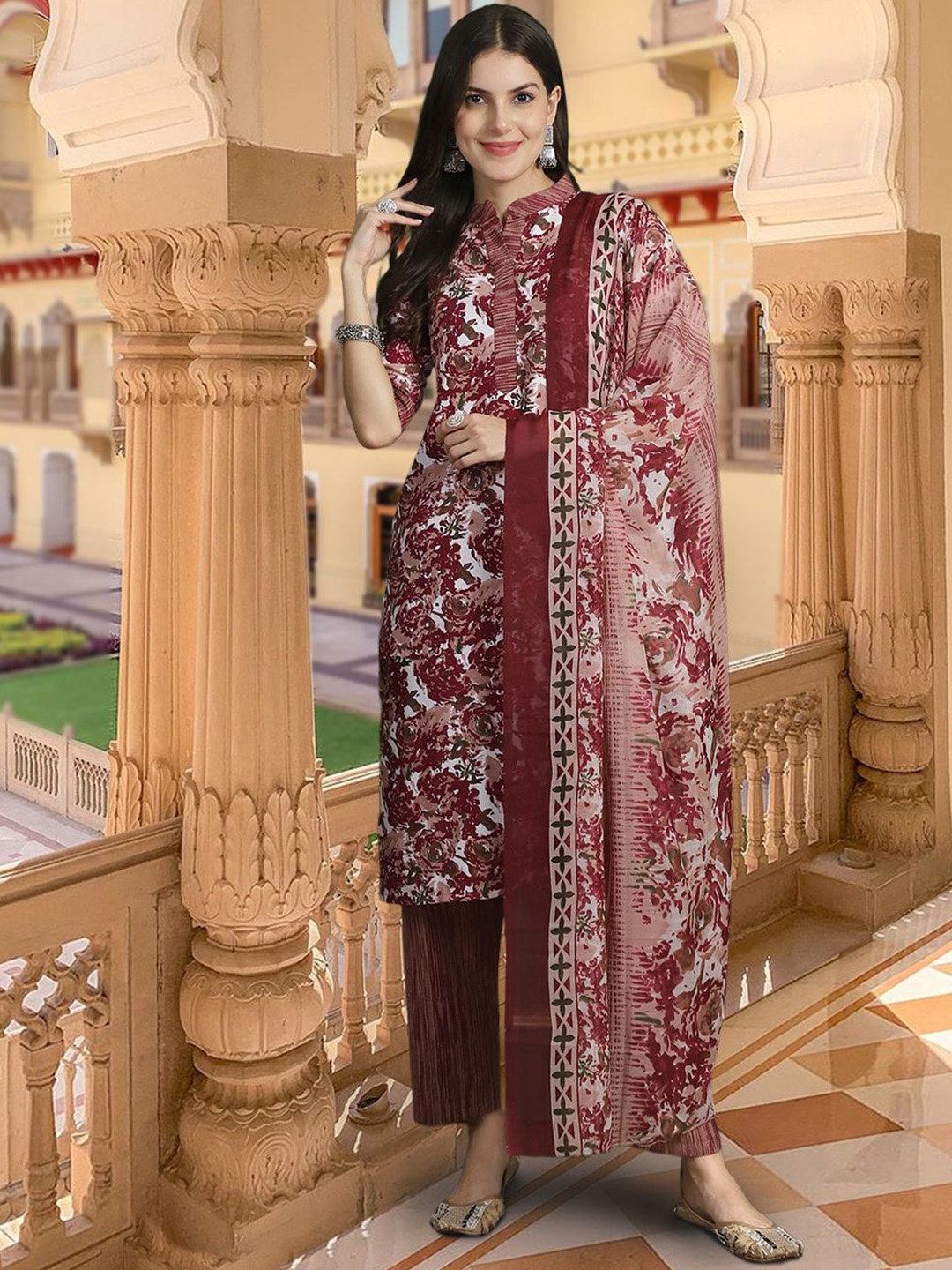 

7Threads Floral Printed Mandarin Collar Pure Cotton Straight Kurta With Trousers & Dupatta, Maroon