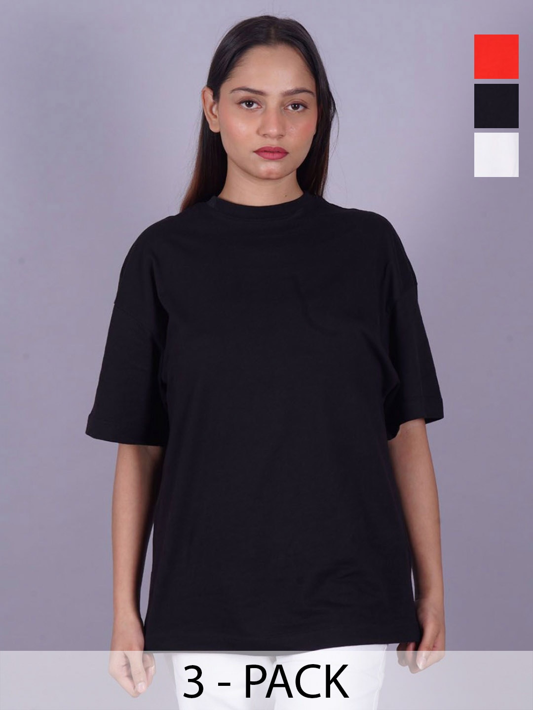 

VYVE Women Pack Of 3 Round Neck Solid T-shirt, Black