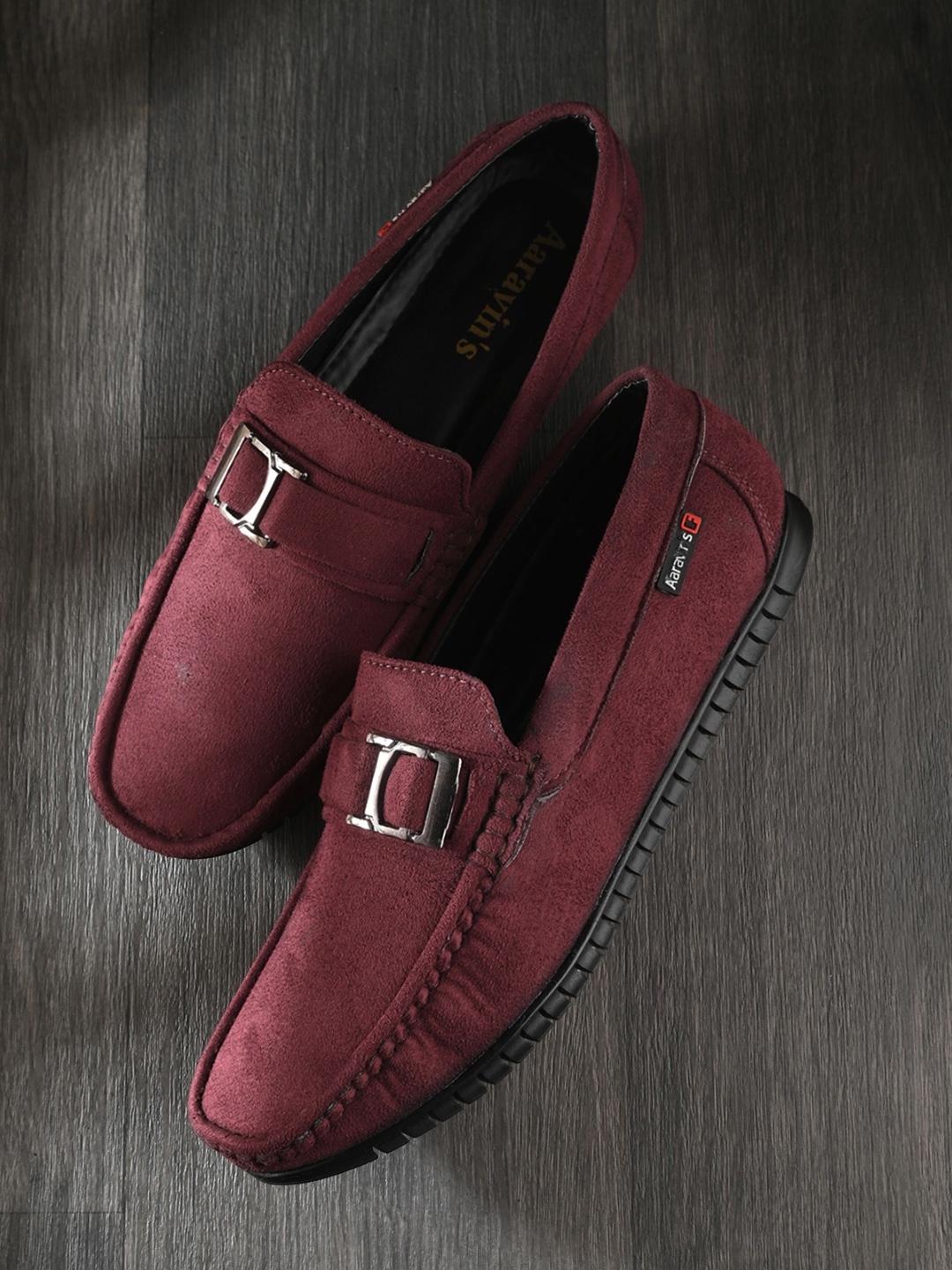 

AARAVIN'S Men Solid Suede Round Toe Buckle Slip-On Sneakers, Maroon