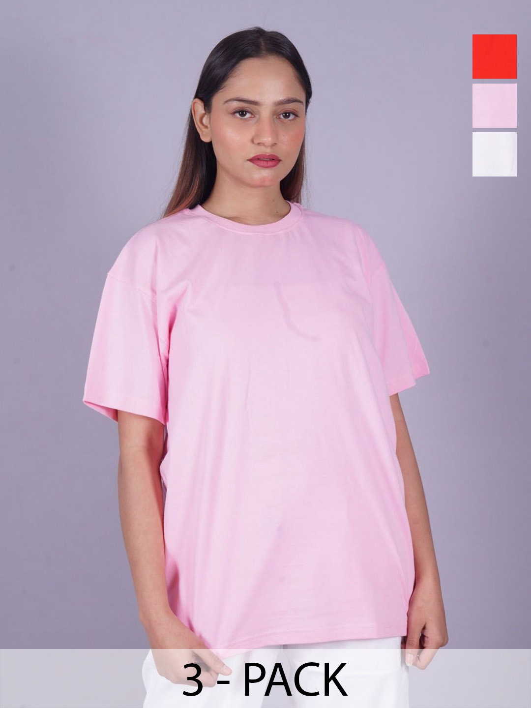 

VYVE Women Pack Of 3 Round Neck Solid T-shirts, Pink